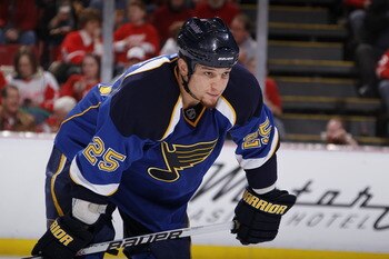 DETROIT, MI - MARCH 30:  Chris Stewart #25 of the St. Louis Blues looks on the Detroit Red Wings at Joe Louis Arena on March 30, 2011 in Detroit, Michigan.  (Photo by Gregory Shamus/Getty Images)