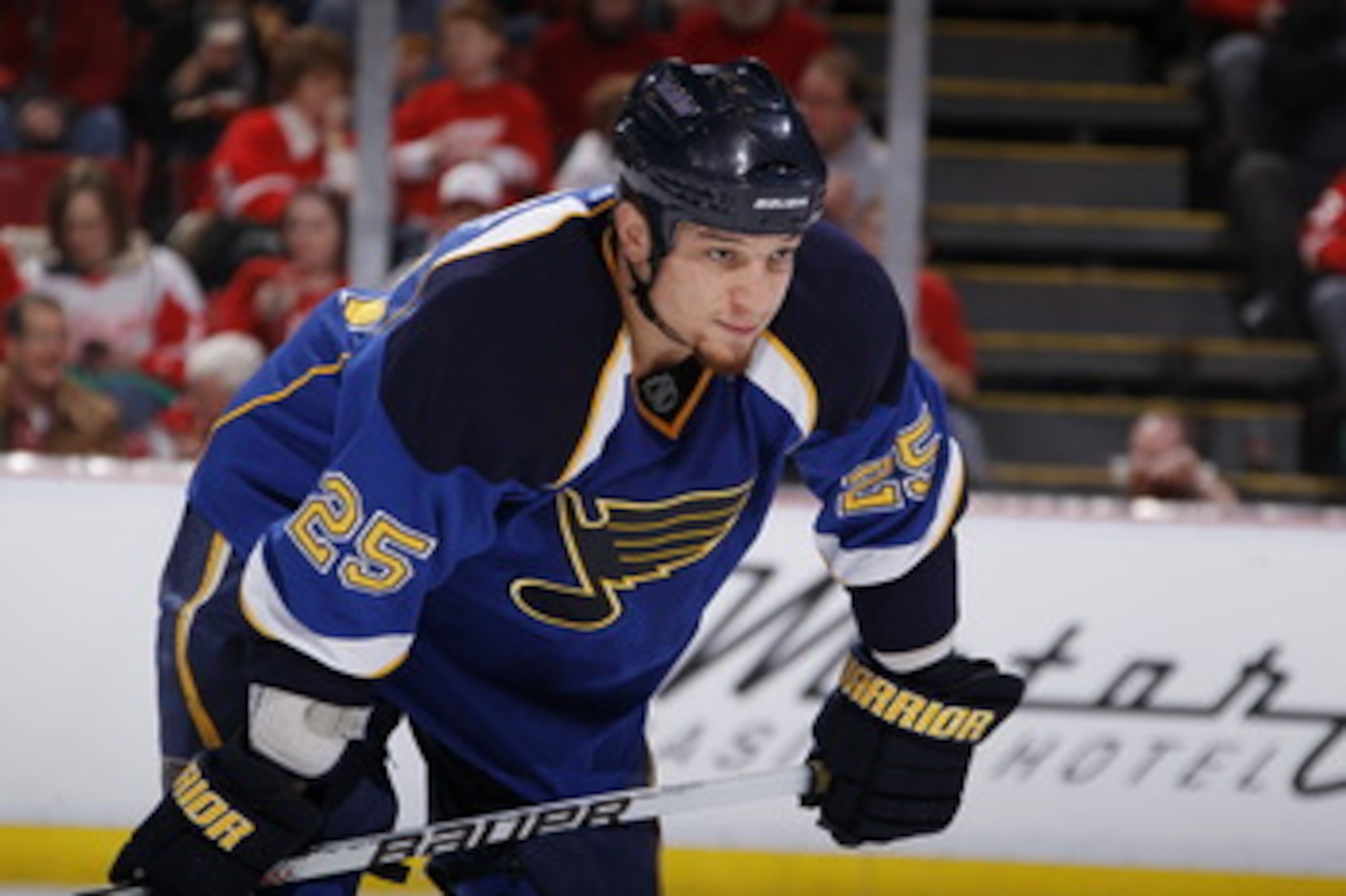 DETROIT, MI - MARCH 30:  Chris Stewart #25 of the St. Louis Blues looks on the Detroit Red Wings at Joe Louis Arena on March 30, 2011 in Detroit, Michigan.  (Photo by Gregory Shamus/Getty Images)