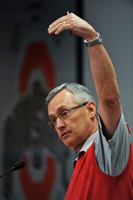 COLUMBUS, OH - MARCH 30:  Head Coach Jim Tressel speaks to the media during a press conference before the start of Spring practices at the Woody Hayes Athletic Center at The Ohio State University on March 30, 2011 in Columbus, Ohio. (Photo by Jamie Sabau/