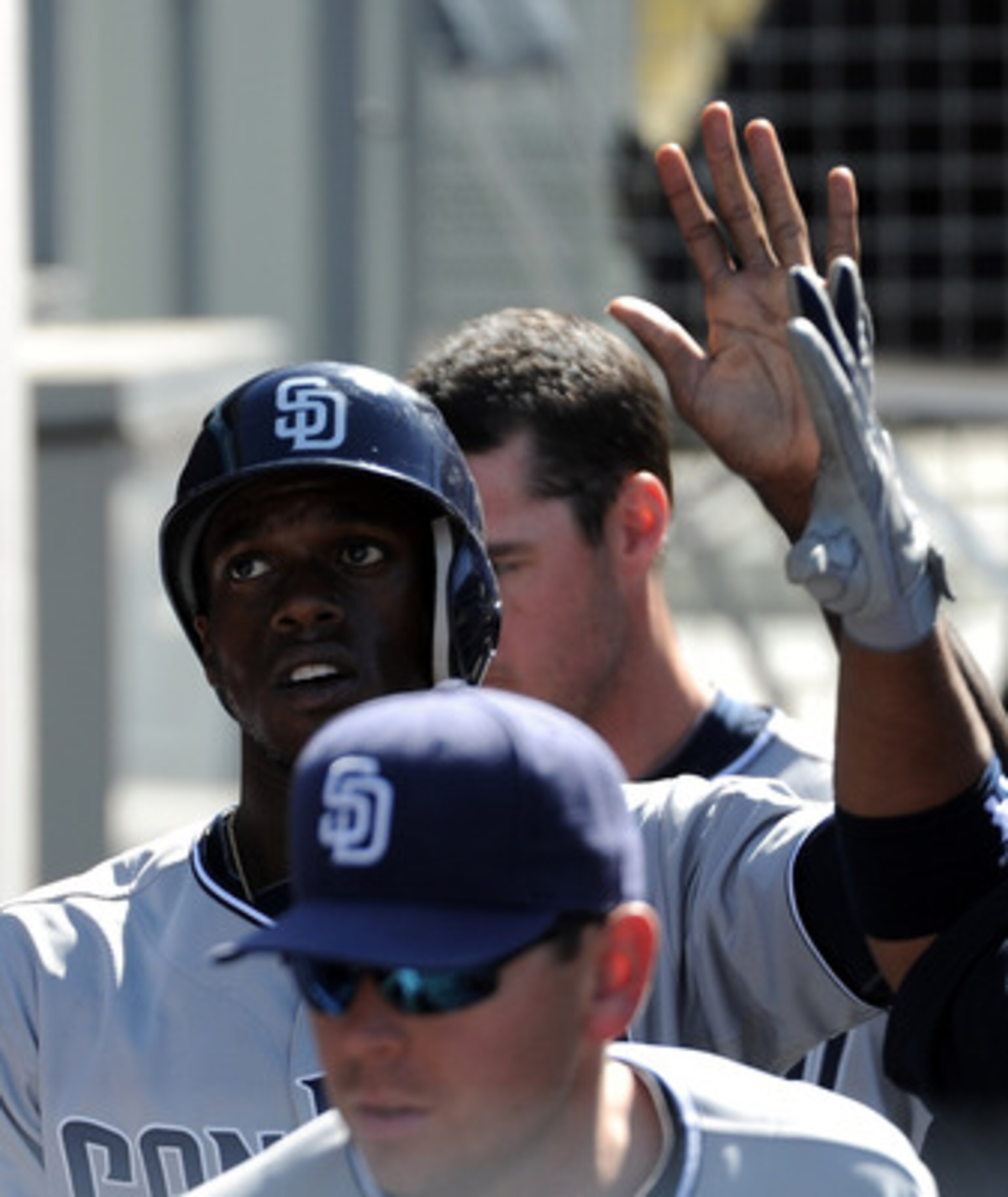 LOS ANGELES, CA - MAY 01:  Cameron Maybin #24 of the San Diego Padres celebrates his run in the dugout for a 4-0 lead over the Los Angeles Dodgers at Dodger Stadium on May 1, 2011 in Los Angeles, California.  (Photo by Harry How/Getty Images)