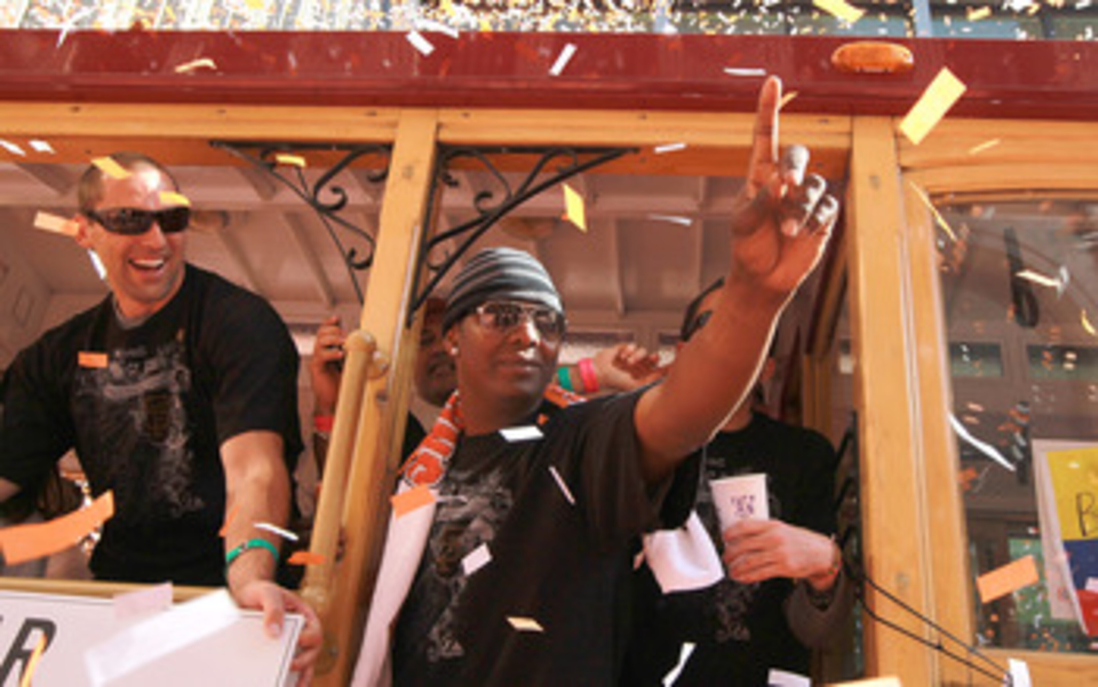 SAN FRANCISCO - NOVEMBER 03:  Edgar Renteria of the San Francisco Giants celebrates during the Giants' vicotry parade on November 3, 2010 in San Francisco, California. Thousands of Giants fans lined the streets of San Francisco to watch the San Francisco 