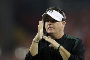GLENDALE, AZ - JANUARY 10:  Head coach Chip Kelly of the Oregon Ducks calls a time out during their 22-19 loss to the Auburn Tigers during the Tostitos BCS National Championship Game at University of Phoenix Stadium on January 10, 2011 in Glendale, Arizon