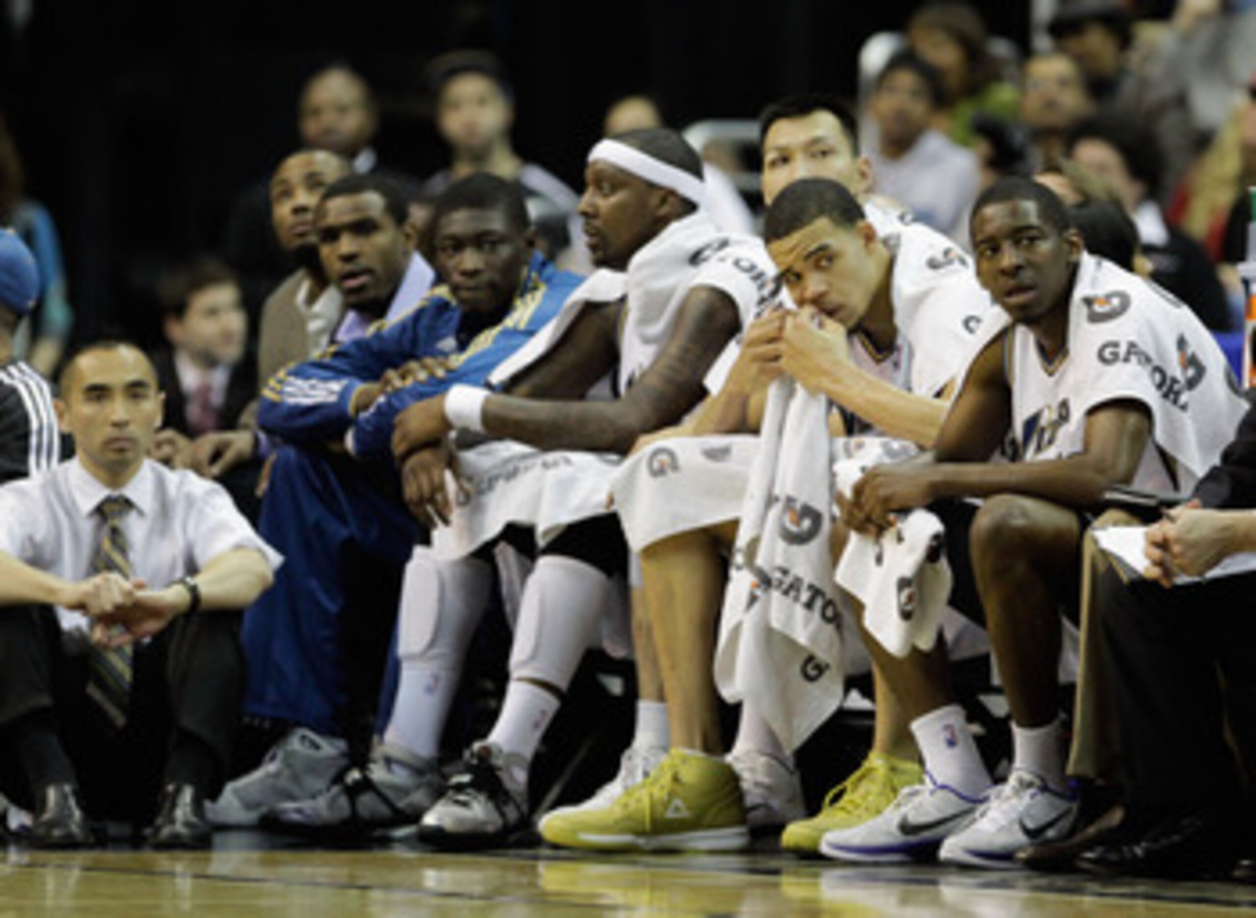 WASHINGTON, DC - MARCH 30:  Members of the Washington Wizards look on from the bench during thier game against the Miami Heat at the Verizon Center on March 30, 2011 in Washington, DC. NOTE TO USER: User expressly acknowledges and agrees that, by download