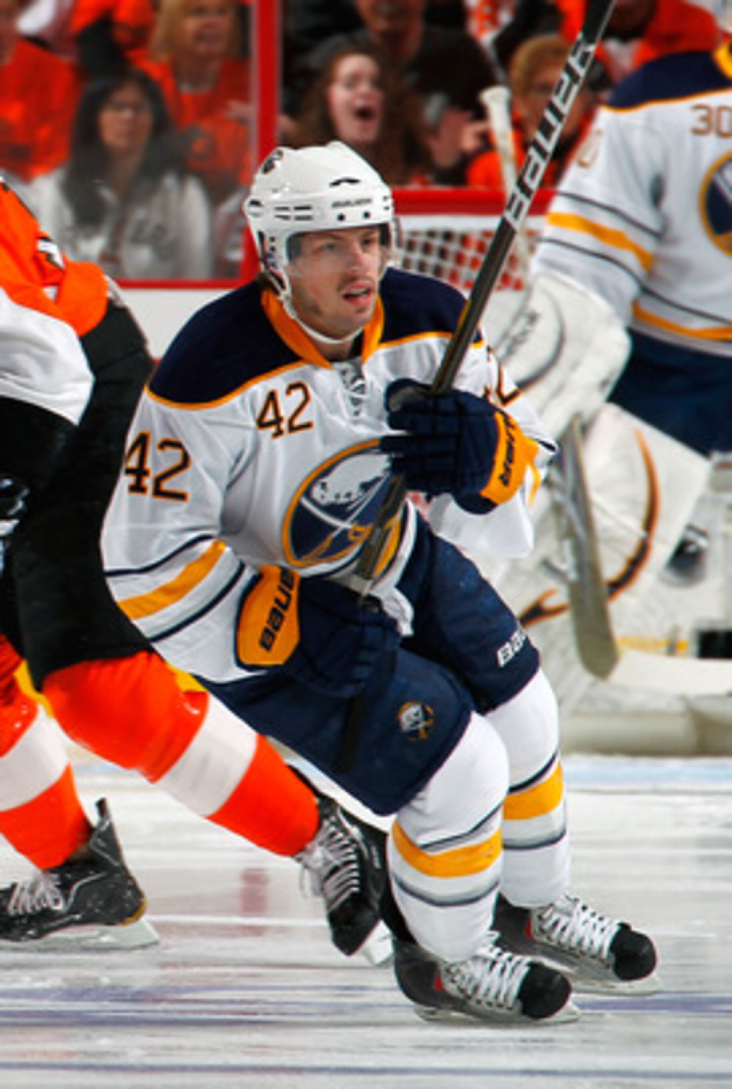 PHILADELPHIA, PA - APRIL 16:  Nathan Gerbe #42 of the Buffalo Sabres skates against the Philadelphia Flyers in Game Two of the Eastern Conference Quarterfinals during the 2011 NHL Stanley Cup Playoffs at Wells Fargo Center on April 16, 2011 in Philadelphi