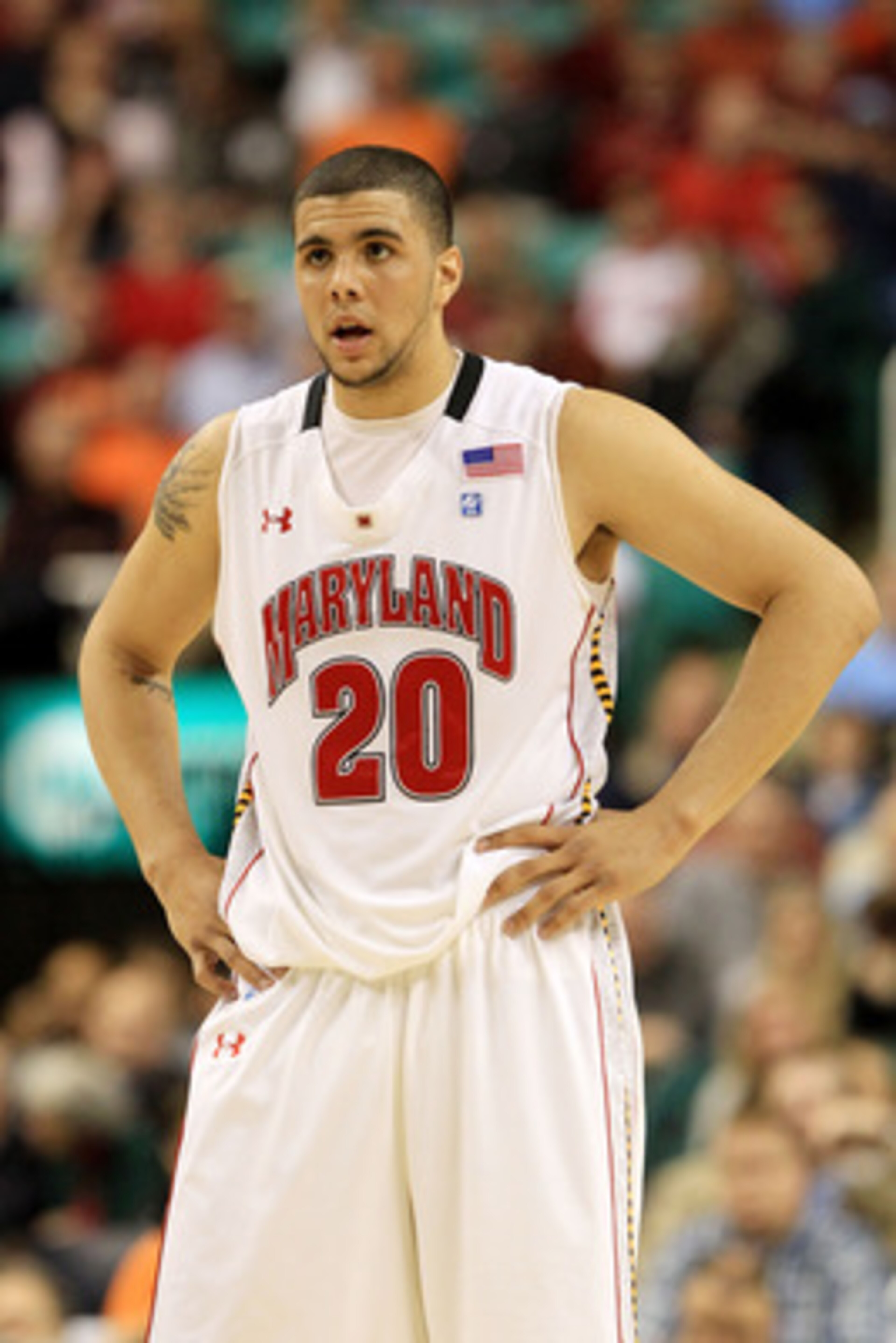GREENSBORO, NC - MARCH 10:  Jordan Williams #20 of the Maryland Terrapins looks on while playing against the North Carolina State Wolfpack during the first round of the 2011 ACC men's basketball tournament at the Greensboro Coliseum on March 10, 2011 in G