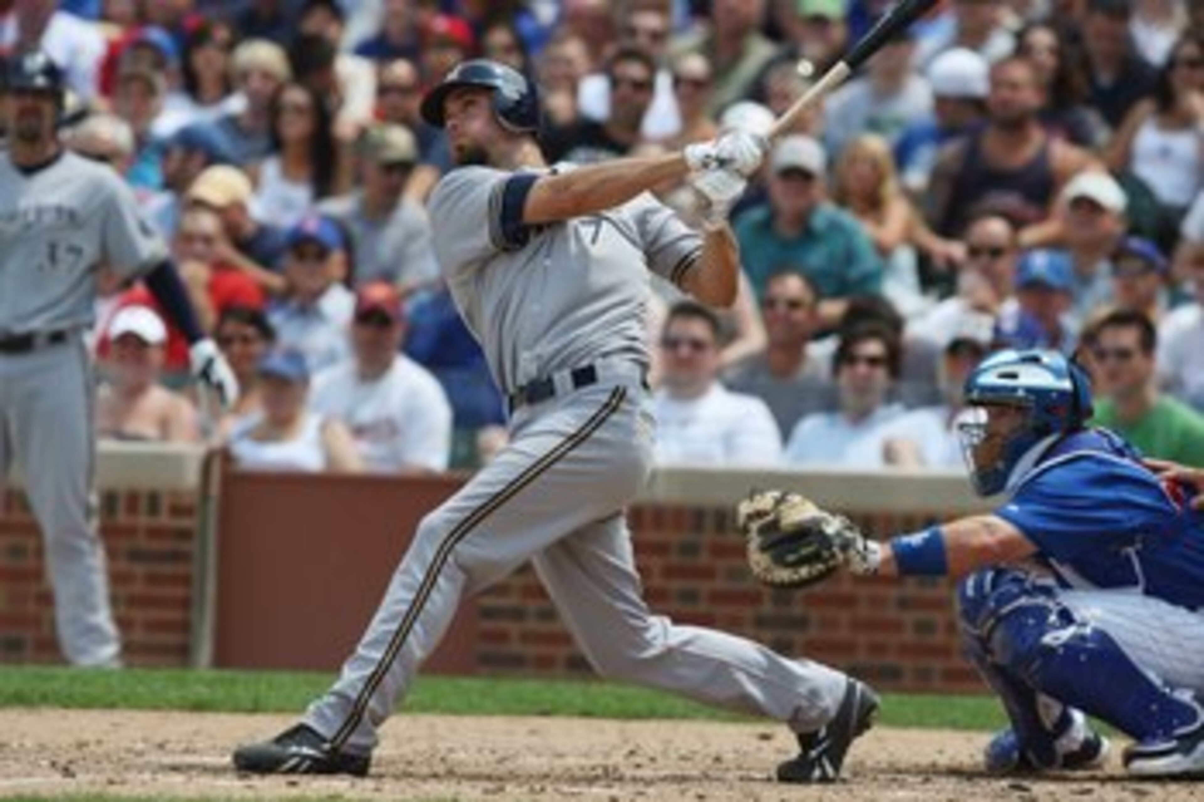 CHICAGO - JULY 03:  J.J. Hardy #7 of the Milwaukee Brewers at bat against the Chicago Cubs during their MLB game on July 3, 2009 at Wrigley Field in Chicago, Illinois. (Photo by Jonathan Daniel/Getty Images)