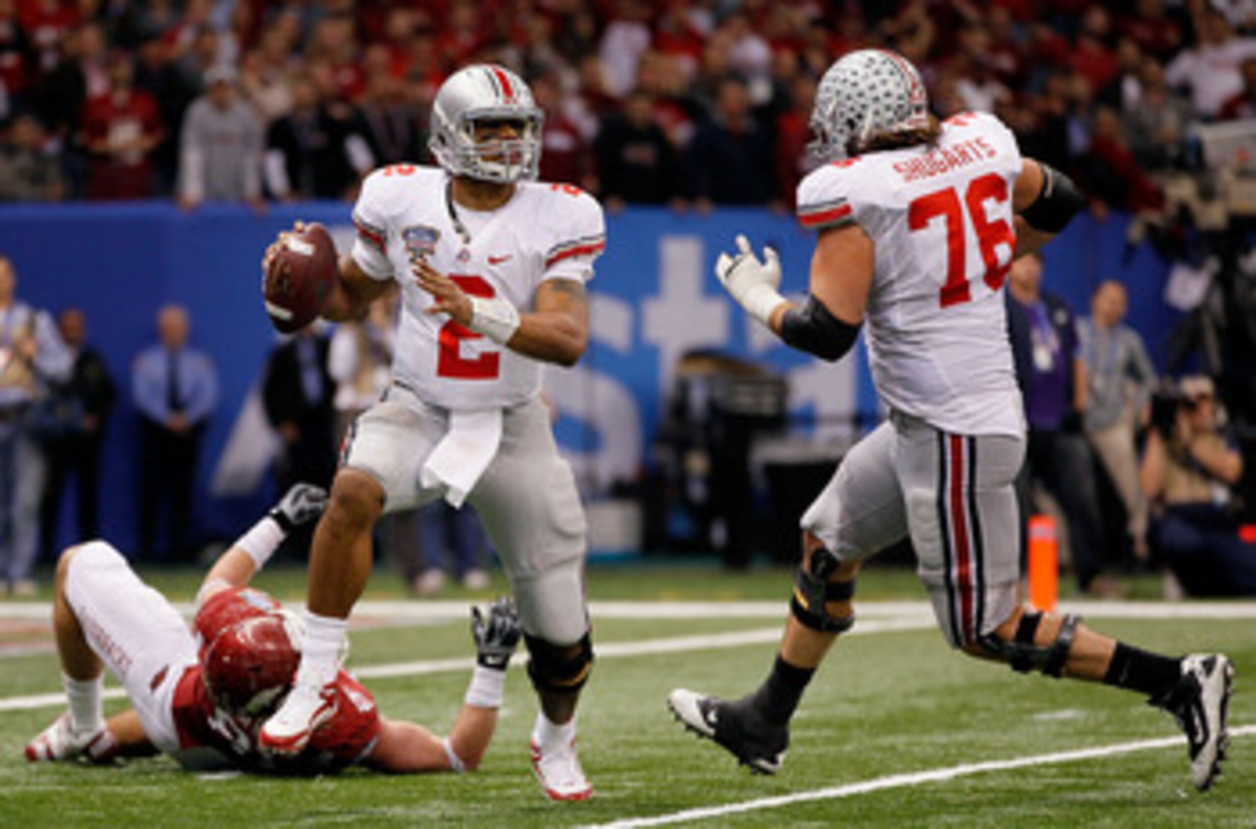 NEW ORLEANS, LA - JANUARY 04:  Quarterback Terrelle Pryor #2 of the Ohio State Buckeyes looks to run against the Arkansas Razorbacks during the Allstate Sugar Bowl at the Louisiana Superdome on January 4, 2011 in New Orleans, Louisiana.  (Photo by Kevin C