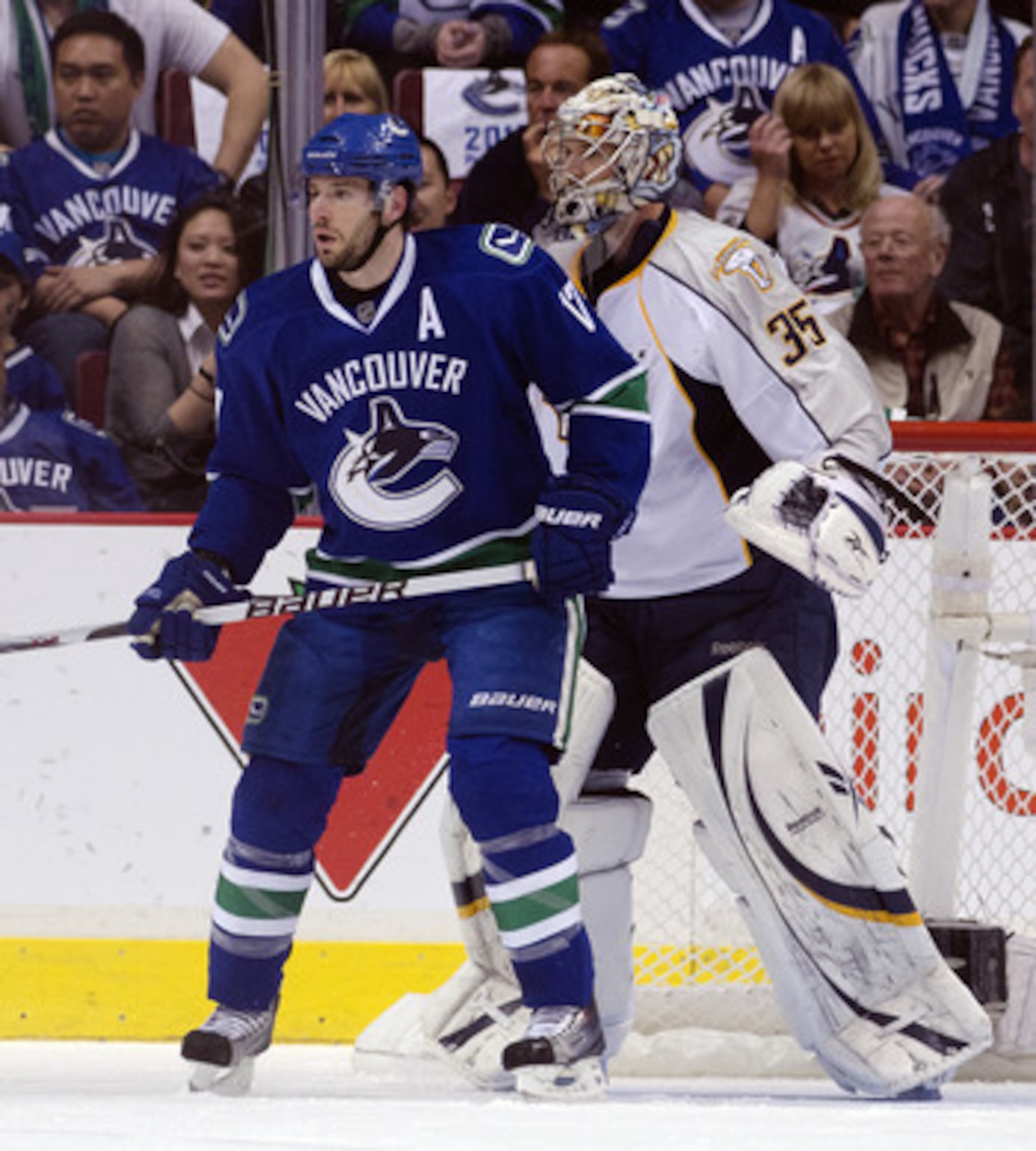VANCOUVER, CANADA - APRIL 28: Ryan Kesler #17 of the Vancouver Canucks tries to screen goalie Pekka Rinne #35 of the Nashville Predators during Game One of the Western Conference Semifinals during the 2011 NHL Stanley Cup Playoffs on April 28, 2011 at Rog VANCOUVER, CANADA - APRIL 28: Ryan Kesler #17 of the Vancouver Canucks tries to screen goalie Pekka Rinne #35 of the Nashville Predators during Game One of the Western Conference Semifinals during the 2011 NHL Stanley Cup Playoffs on April 28, 2011 at Rog