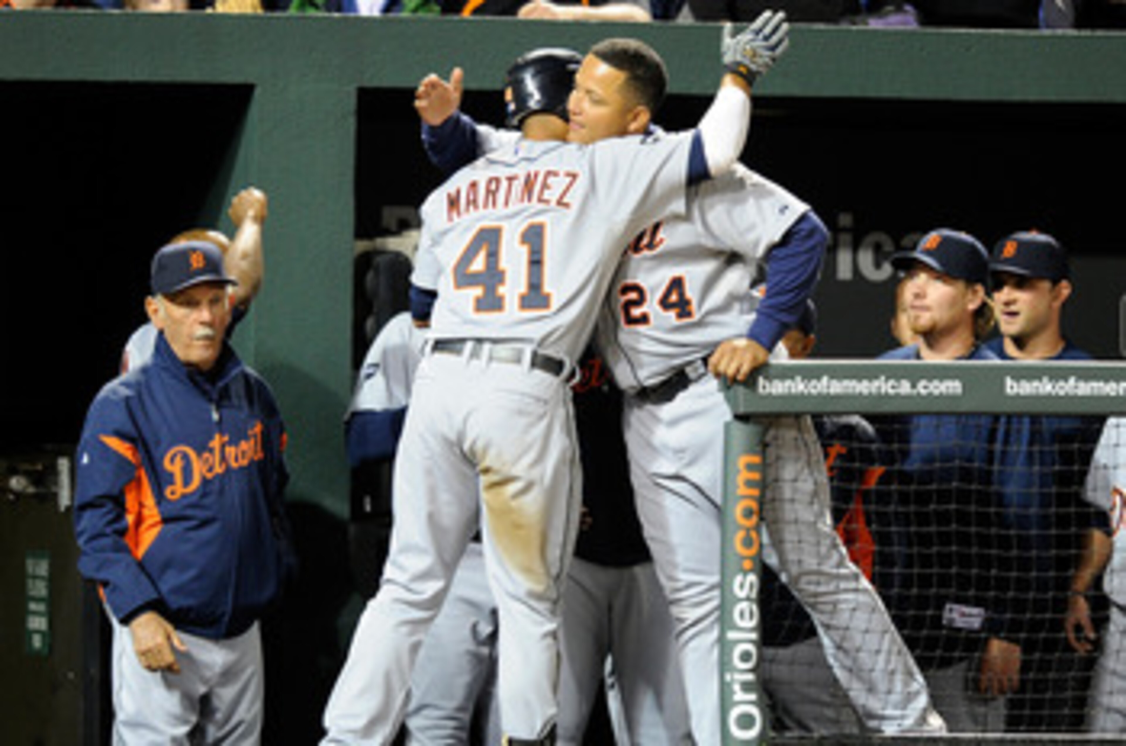 BALTIMORE, MD - APRIL 06:  Victor Martinez #41 and Miguel Cabrera #24 of the Detroit Tigers celebrate after hitting back to back home runs in the fifth inning against the Baltimore Orioles at Oriole Park at Camden Yards on April 6, 2011 in Baltimore, Mary