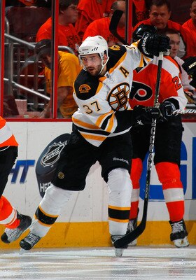 PHILADELPHIA, PA - MAY 02:  Patrice Bergeron #37 of the Boston Bruins skates during Game Two of the Eastern Conference Semifinals against the Philadelphia Flyers during the 2011 NHL Stanley Cup Playoffs at Wells Fargo Center on May 2, 2011 in Philadelphia