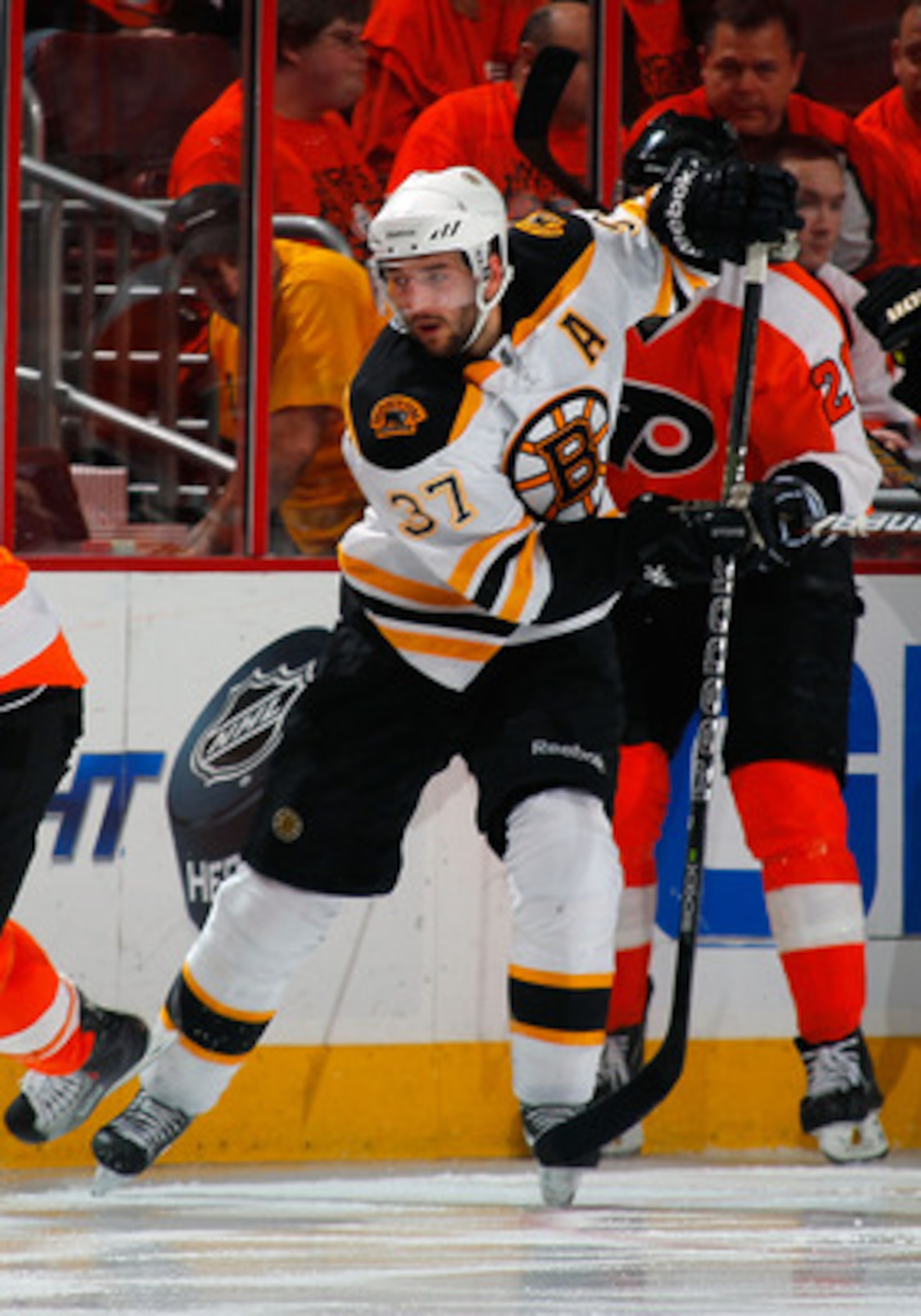 PHILADELPHIA, PA - MAY 02:  Patrice Bergeron #37 of the Boston Bruins skates during Game Two of the Eastern Conference Semifinals against the Philadelphia Flyers during the 2011 NHL Stanley Cup Playoffs at Wells Fargo Center on May 2, 2011 in Philadelphia