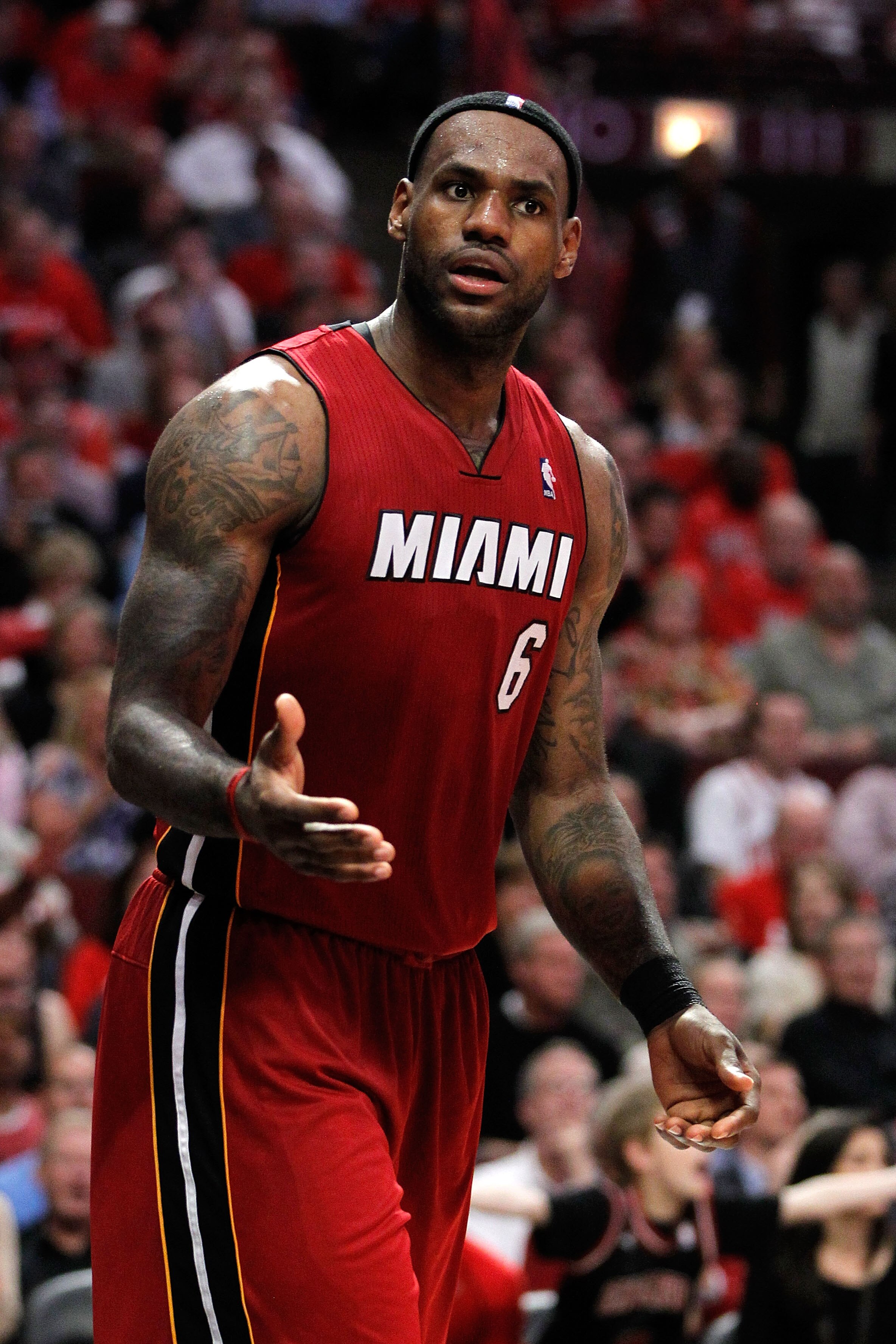 CHICAGO, IL - MAY 18: LeBron James #6 of the Miami Heat reacts against the Chicago Bulls in Game Two of the Eastern Conference Finals during the 2011 NBA Playoffs on May 18, 2011 at the United Center in Chicago, Illinois. NOTE TO USER: User expressly ack CHICAGO, IL - MAY 18: LeBron James #6 of the Miami Heat reacts against the Chicago Bulls in Game Two of the Eastern Conference Finals during the 2011 NBA Playoffs on May 18, 2011 at the United Center in Chicago, Illinois. NOTE TO USER: User expressly ack