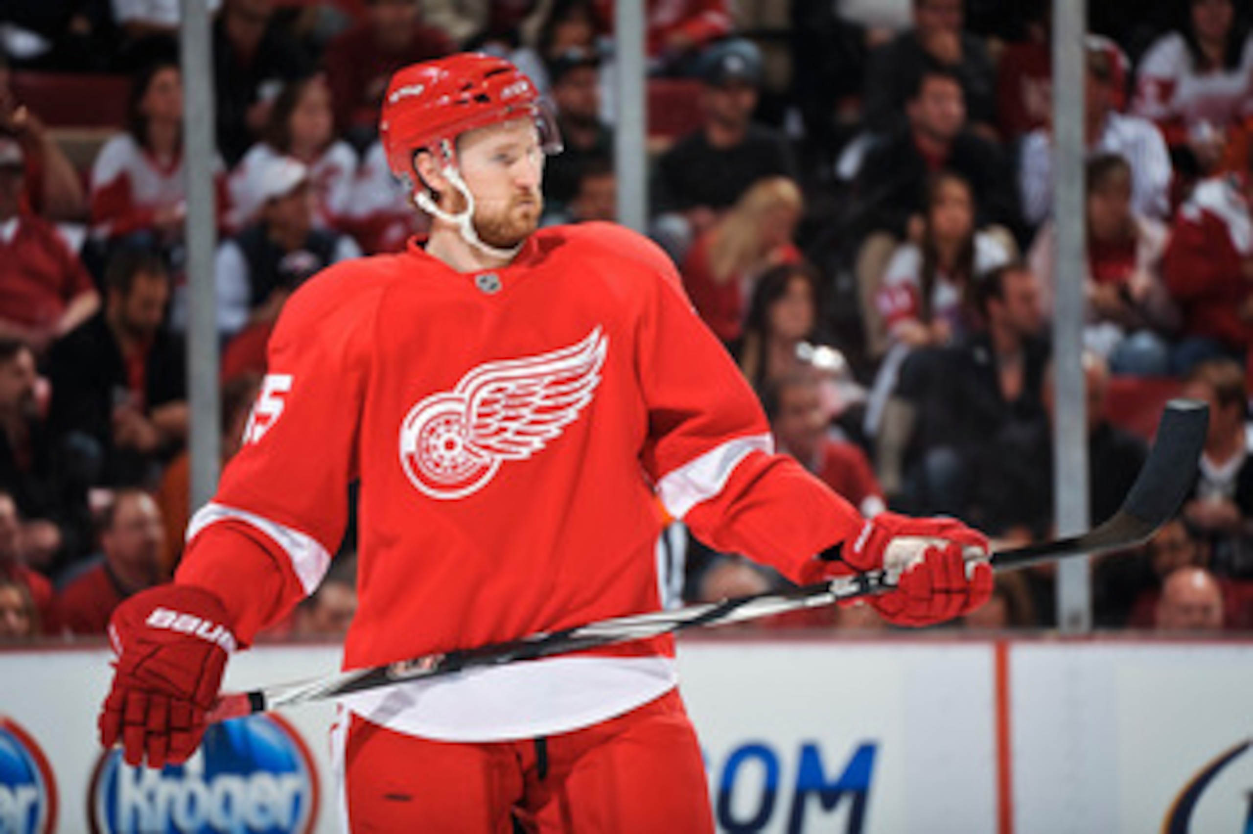 DETROIT - MAY 4: Niklas Kronwall #55 of the Detroit Red Wings waits for a face off against the San Jose Sharks in Game Three of the Western Conference Semifinals during the 2011 NHL Stanley Cup Playoffs on May 4, 2011 at Joe Louis Arena in Detroit, Michig