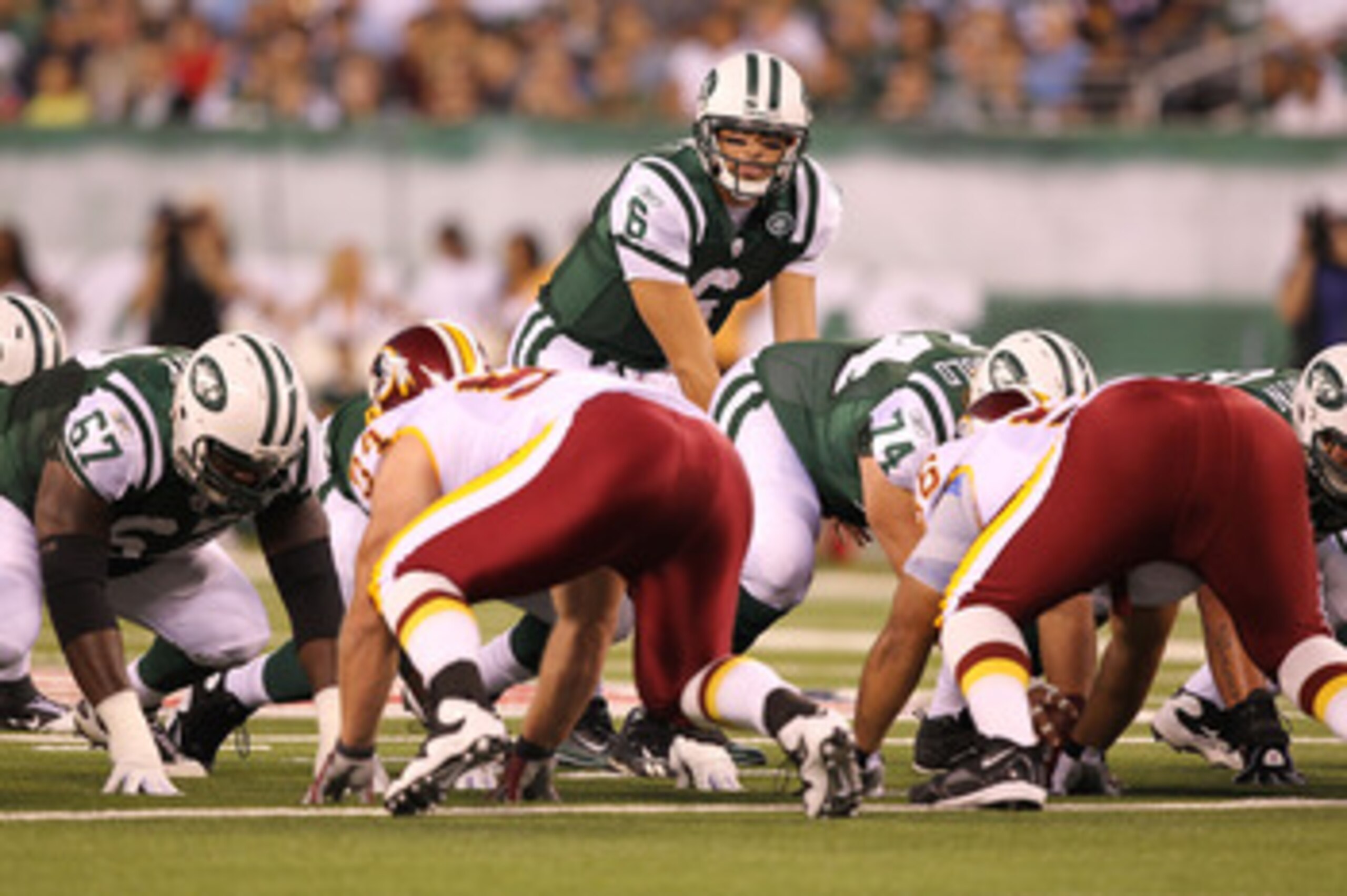 EAST RUTHERFORD, NJ - AUGUST 27:  Mark Sanchez #6 of the New York Jets in action against the Washington Redskins  during their preseason game on August 27, 2010 at the New Meadowlands Stadium  in East Rutherford, New Jersey.  (Photo by Al Bello/Getty Imag
