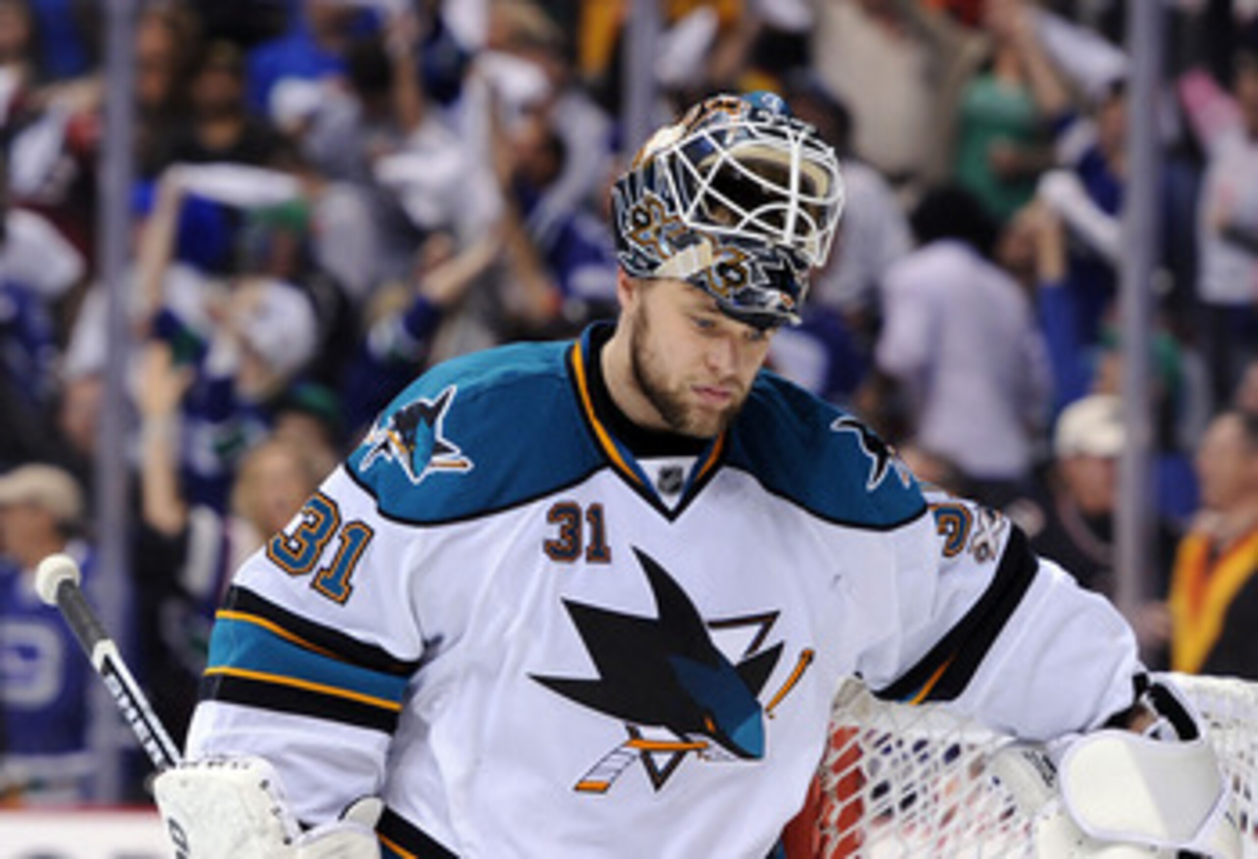 VANCOUVER, CANADA - MAY 18: Goaltender Scott Nichol #21 of the San Jose Sharks looks on after being scored on by Kevin Bieksa #3 of the Vancouver Canucks (not in photo) in the second period in Game Two of the Western Conference Finals during the 2011 Stan