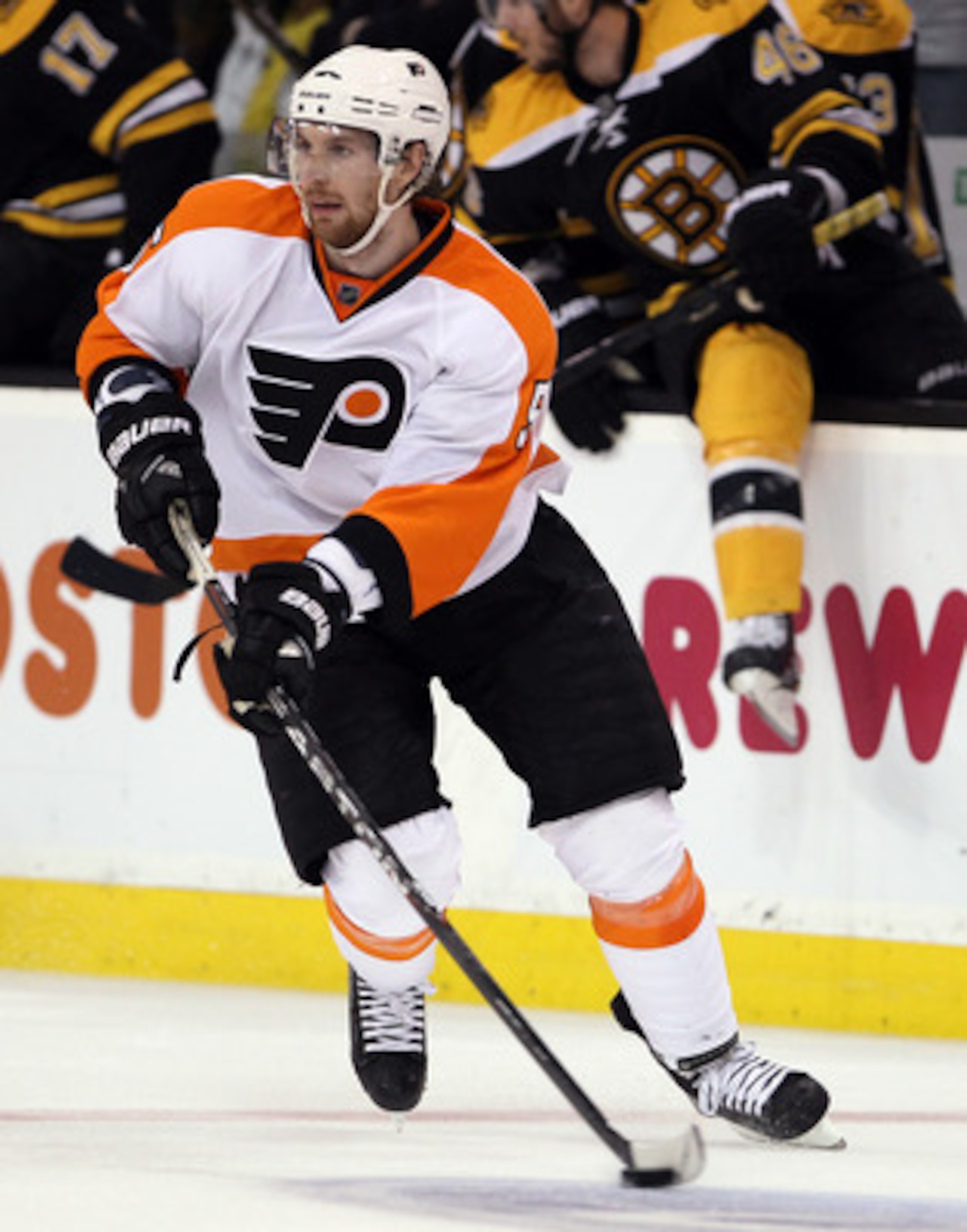 BOSTON, MA - MAY 06:  Braydon Coburn #5 of the Philadelphia Flyers passes the puck against the Boston Bruins in Game Four of the Eastern Conference Semifinals during the 2011 NHL Stanley Cup Playoffs at TD Garden on May 6, 2011 in Boston, Massachusetts. T