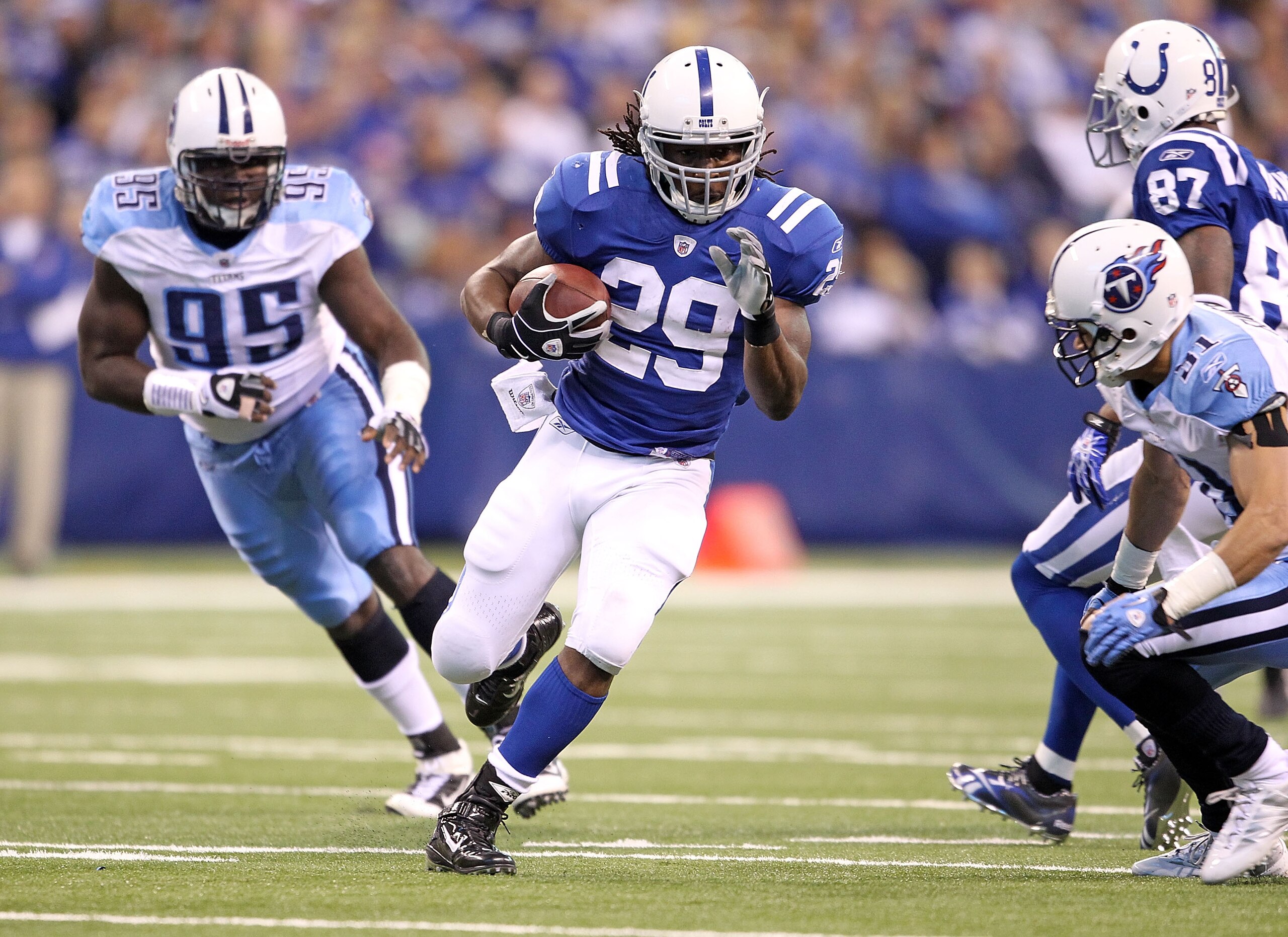 INDIANAPOLIS - JANUARY 02:  Joseph Addai  #29 of the Indianapolis Colts runs with the ball during NFL game against the Tennessee Titans at Lucas Oil Stadium on January 2, 2011 in Indianapolis, Indiana.  (Photo by Andy Lyons/Getty Images)