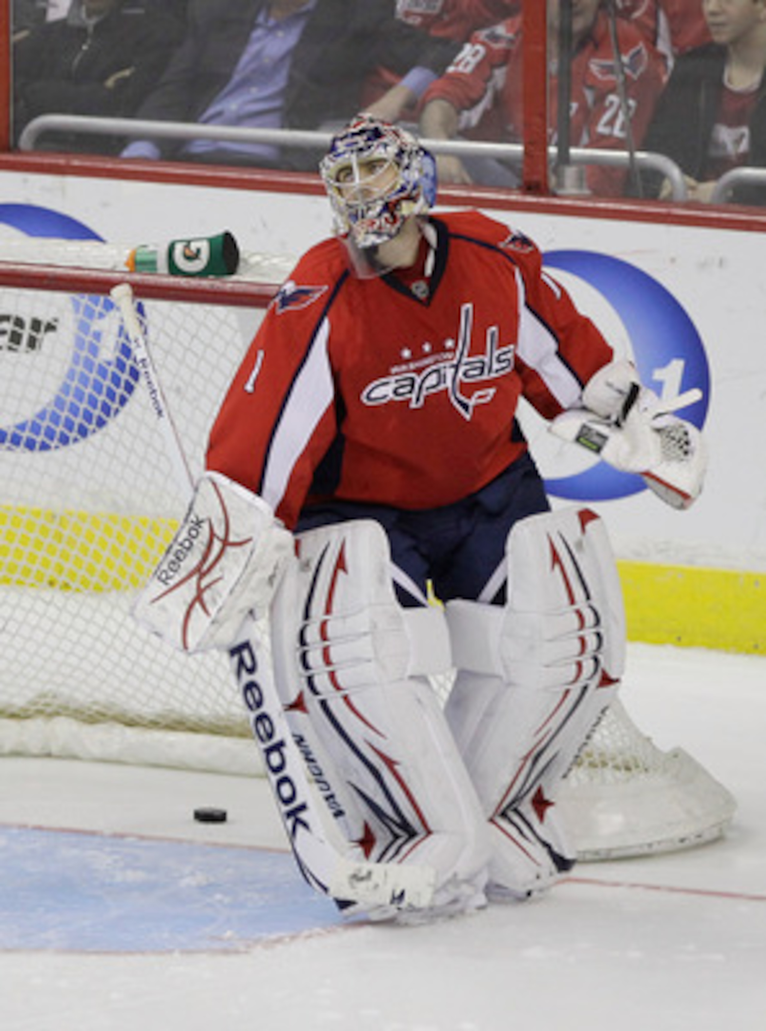 WASHINGTON, DC - MARCH 29:  Goalie Semyon Varlamov #1 of the Washington Capitals looks up after giving up the game clinching goal in a shootout against the Carolina Hurricanes at the Verizon Center on March 29, 2011 in Washington, DC.  (Photo by Rob Carr/