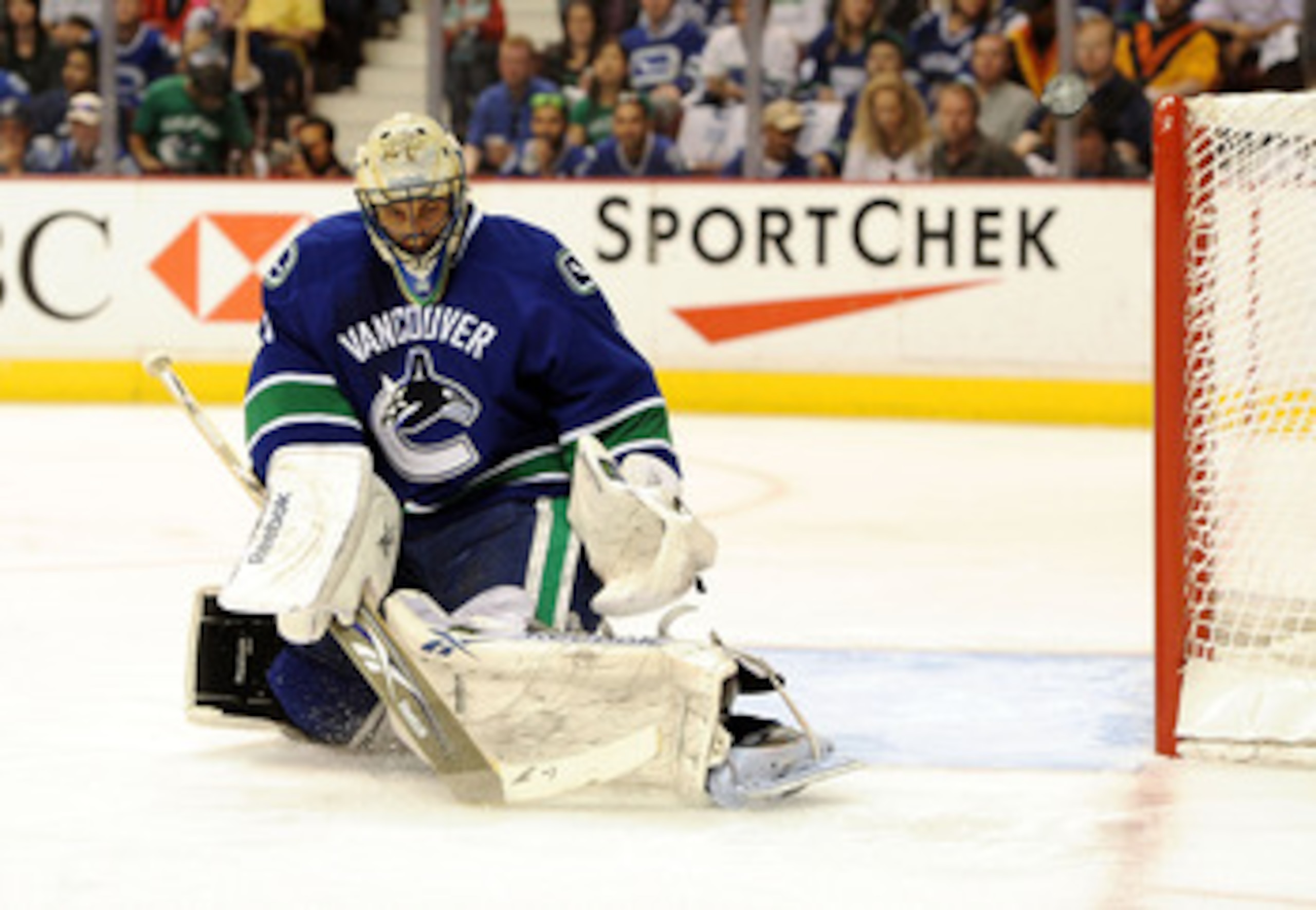 VANCOUVER, CANADA - MAY 18: Goaltender Roberto Luongo #1 of the Vancouver Canucks makes a save in the first period in Game Two of the Western Conference Finals against the San Jose Sharks  during the 2011 Stanley Cup Playoffs at Rogers Arena on May 18, 20