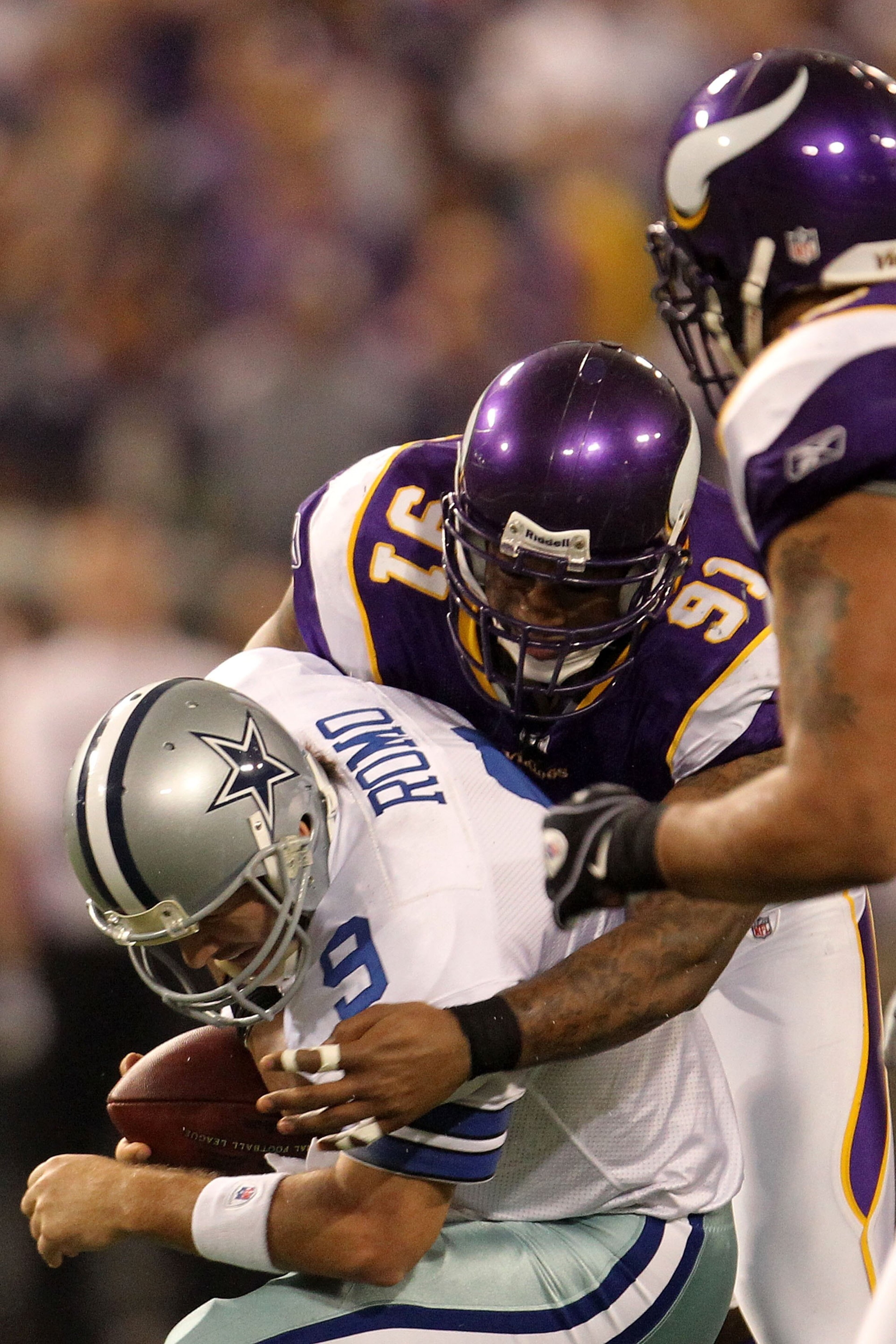 MINNEAPOLIS - JANUARY 17: Tony Romo #9 of the Dallas Cowboy is sacked by Ray Edwards #91 of the Minnesota Vikings during the NFC Divisional Playoff Game at Hubert H. Humphrey Metrodome on January 17, 2010 in Minneapolis, Minnesota. The Vikings defeated t MINNEAPOLIS - JANUARY 17: Tony Romo #9 of the Dallas Cowboy is sacked by Ray Edwards #91 of the Minnesota Vikings during the NFC Divisional Playoff Game at Hubert H. Humphrey Metrodome on January 17, 2010 in Minneapolis, Minnesota. The Vikings defeated t