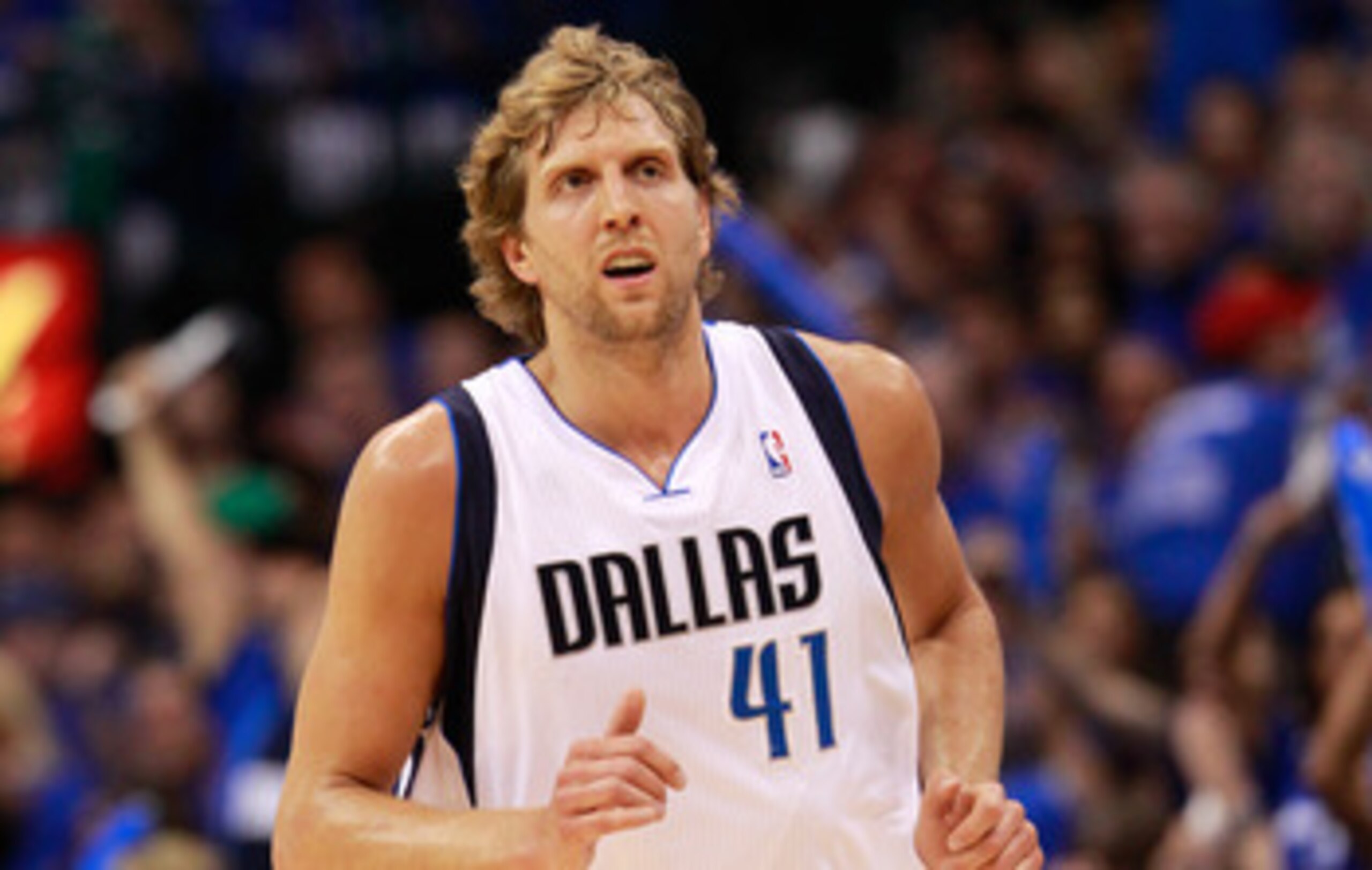 DALLAS, TX - MAY 17:  Dirk Nowitzki #41 of the Dallas Mavericks looks on while taking on the Oklahoma City Thunder in Game One of the Western Conference Finals during the 2011 NBA Playoffs at American Airlines Center on May 17, 2011 in Dallas, Texas. NOTE