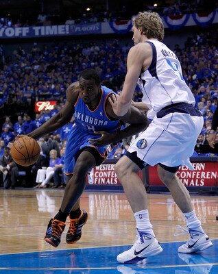 DALLAS, TX - MAY 17: Serge Ibaka #9 of the Oklahoma City Thunder drives on Dirk Nowitzki #41 of the Dallas Mavericks in Game One of the Western Conference Finals during the 2011 NBA Playoffs at American Airlines Center on May 17, 2011 in Dallas, Texas. N DALLAS, TX - MAY 17: Serge Ibaka #9 of the Oklahoma City Thunder drives on Dirk Nowitzki #41 of the Dallas Mavericks in Game One of the Western Conference Finals during the 2011 NBA Playoffs at American Airlines Center on May 17, 2011 in Dallas, Texas. N
