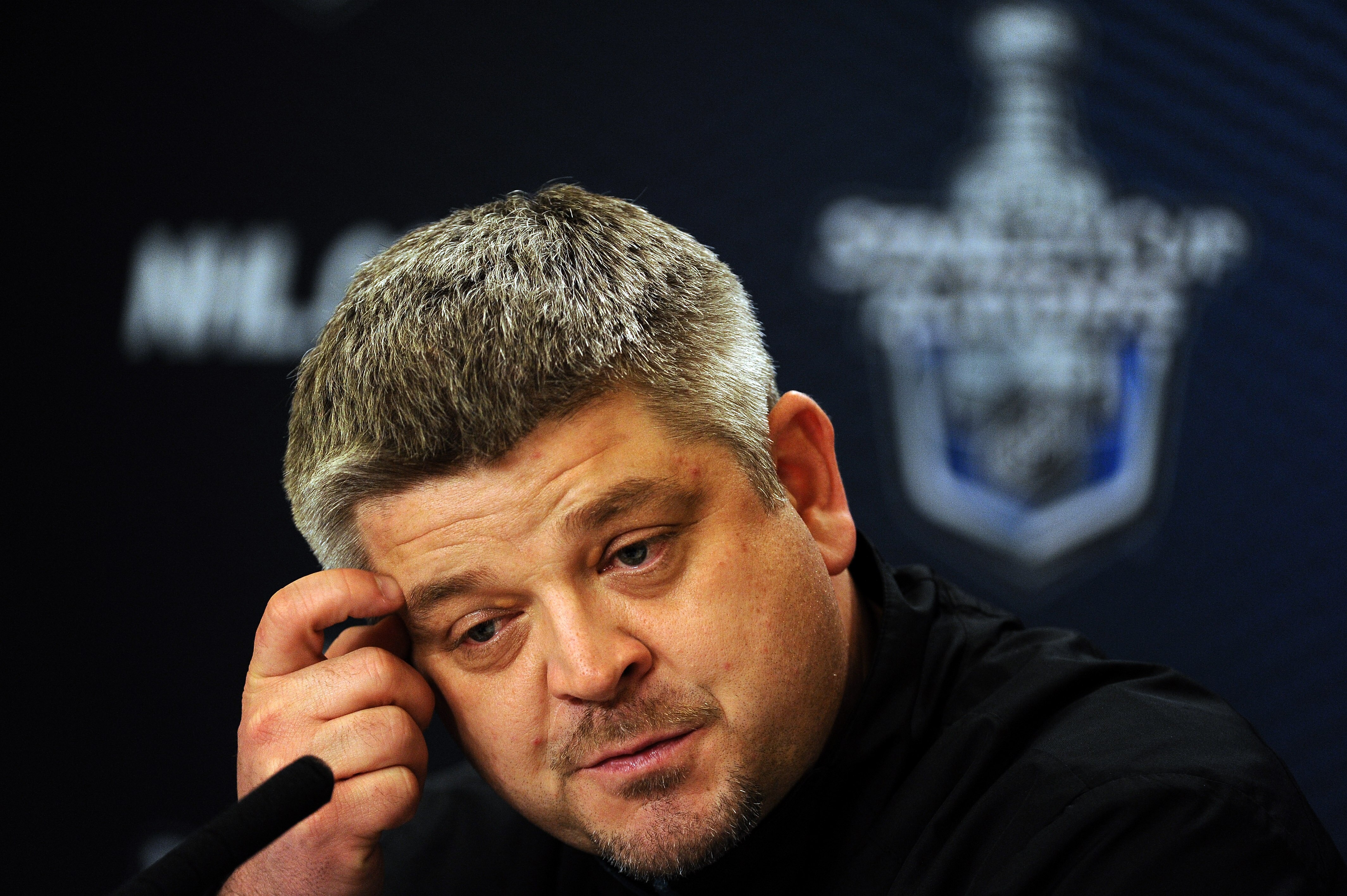 VANCOUVER, BC - MAY 16:  Head Coach Todd McLellan of the San Jose Sharks speaks to the media at a press conference during the Stanley Cup Western Conference Finals practice at the Rogers Arena on May 16, 2011 in Vancouver, Canada.  (Photo by Harry How/Get