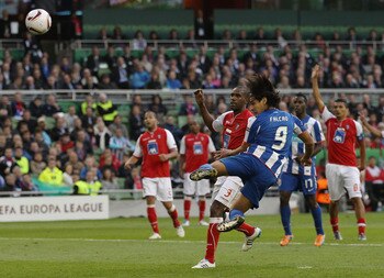 DUBLIN, IRELAND - MAY 18:  Radamel Falcao Garcia of FC Porto scores the opening goal during the UEFA Europa League Final between FC Porto and SC Braga at Dublin Arena on May 18, 2011 in Dublin, Ireland.  (Photo by Scott Heavey/Getty Images)