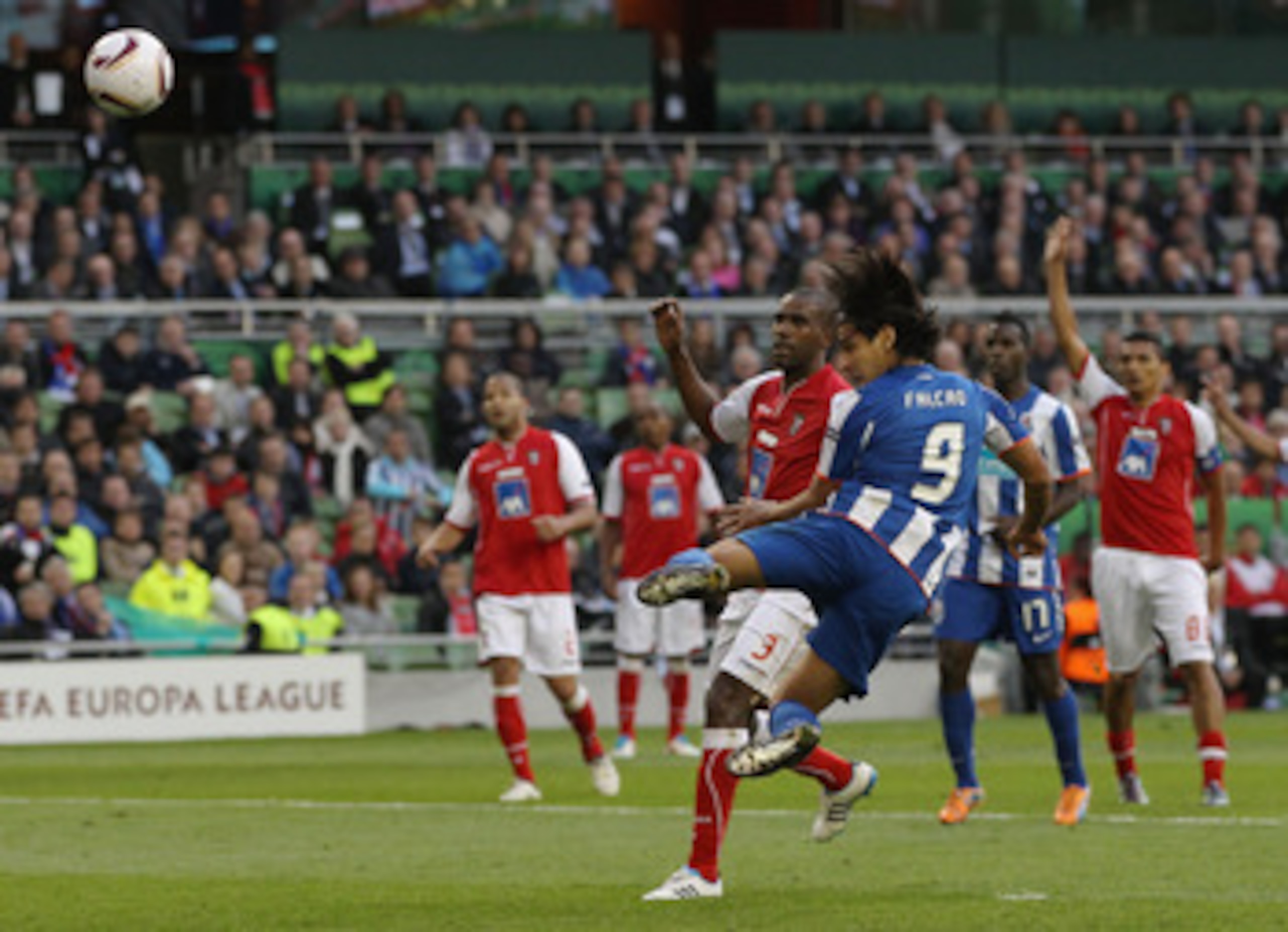DUBLIN, IRELAND - MAY 18:  Radamel Falcao Garcia of FC Porto scores the opening goal during the UEFA Europa League Final between FC Porto and SC Braga at Dublin Arena on May 18, 2011 in Dublin, Ireland.  (Photo by Scott Heavey/Getty Images)