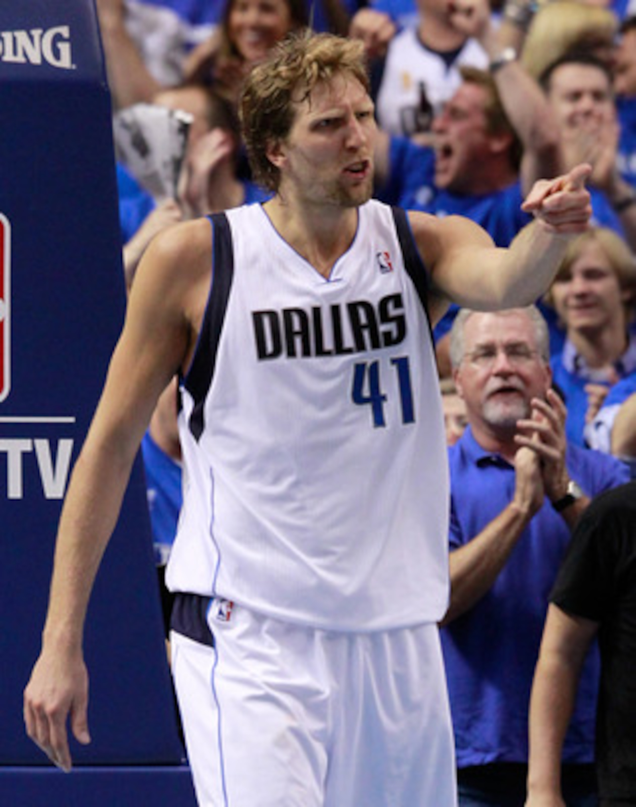 DALLAS, TX - MAY 17:  Dirk Nowitzki #41 of the Dallas Mavericks reacts in the first half while taking on the Oklahoma City Thunder in Game One of the Western Conference Finals during the 2011 NBA Playoffs at American Airlines Center on May 17, 2011 in Dal