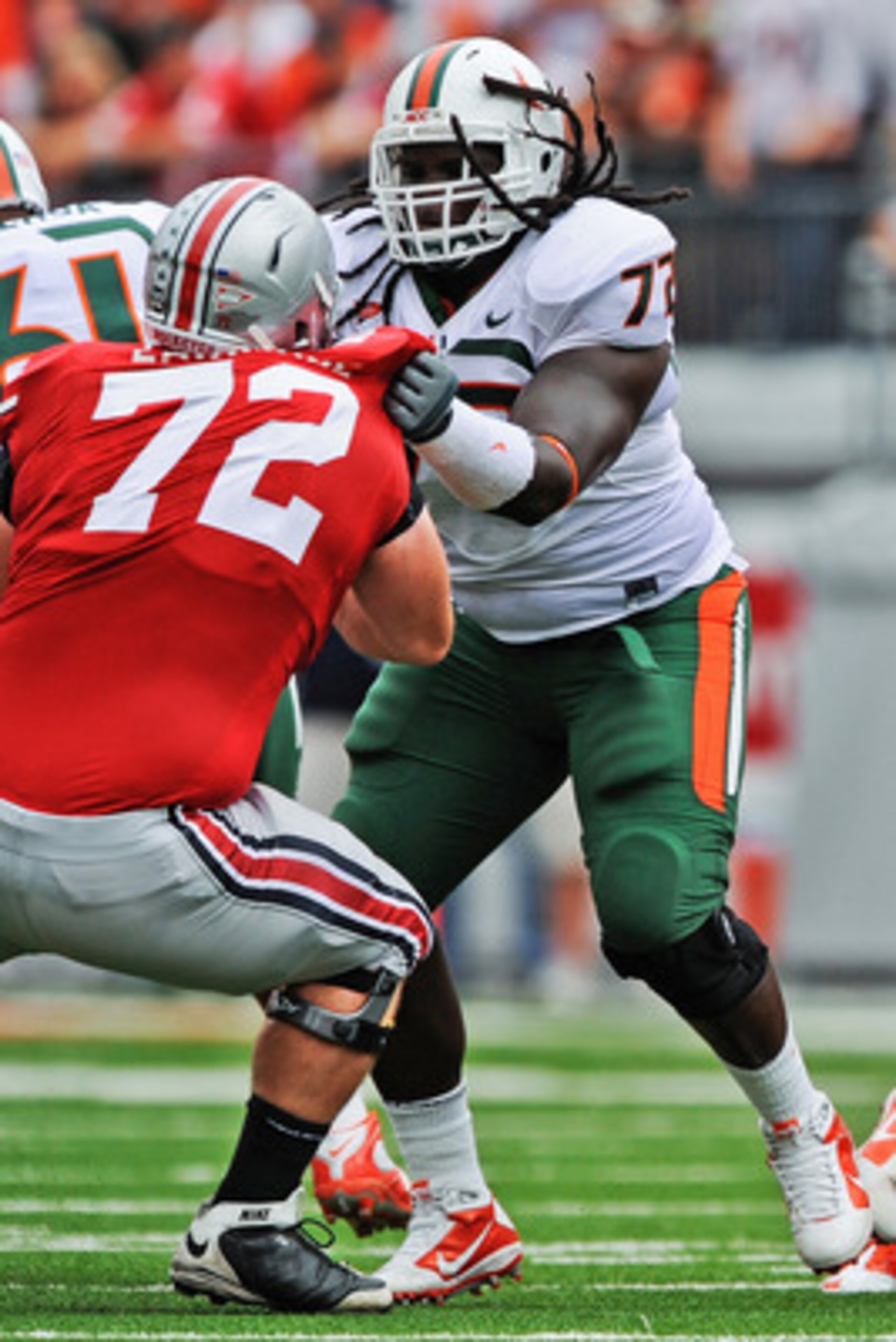 COLUMBUS, OH - SEPTEMBER 11:  Brandon Washington #72 of the Miami Hurricanes runs blocks against the Ohio State Buckeyes at Ohio Stadium on September 11, 2010 in Columbus, Ohio.  (Photo by Jamie Sabau/Getty Images)