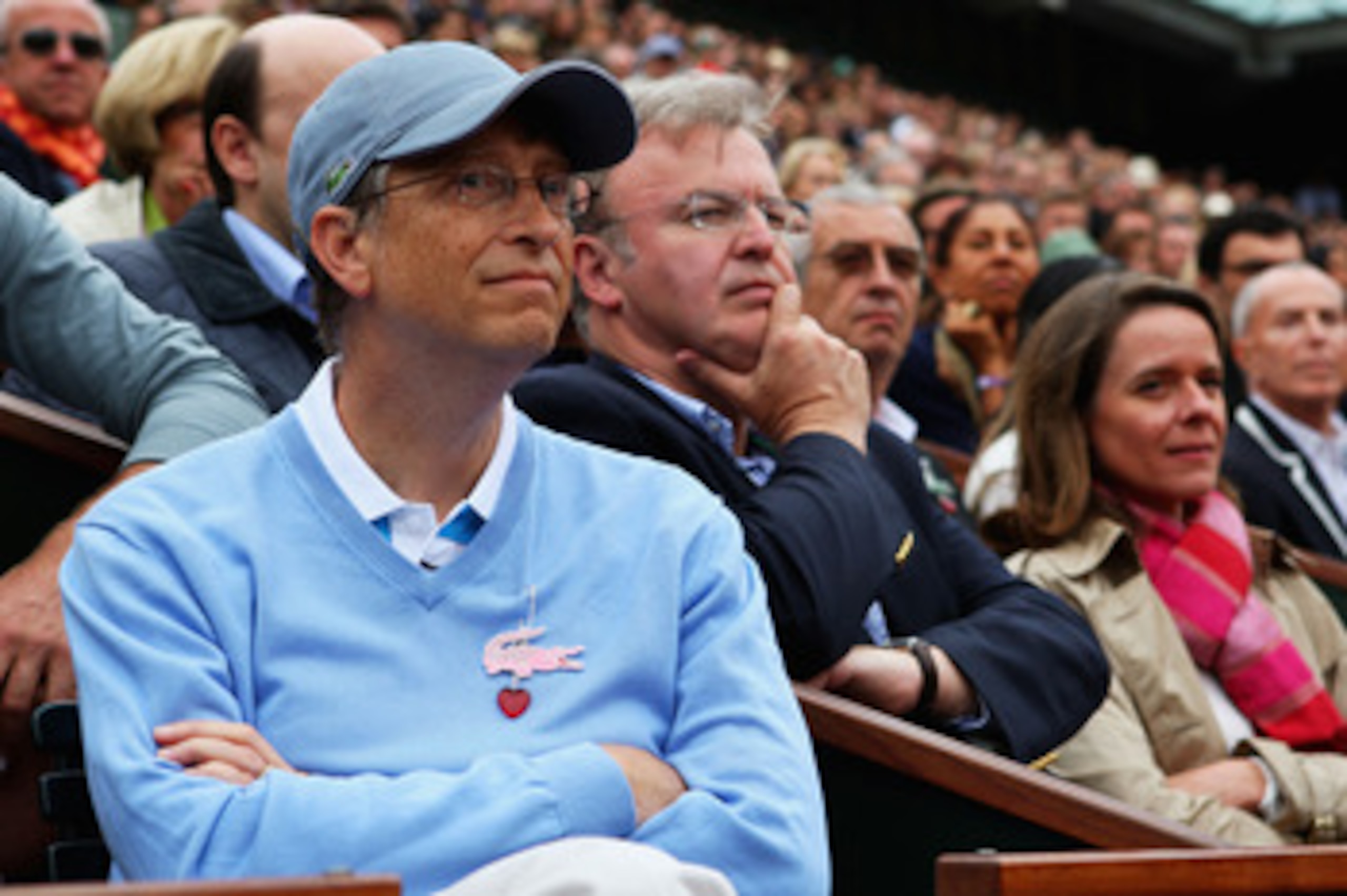 PARIS - JUNE 06:  Bill Gates the chairman of the Microsoft Corporation watches the action during the Women's Singles Final match between Dinara Safina of Russia  and Svetlana Kuznetsova of Russia on day fourteen of the French Open at Roland Garros on June