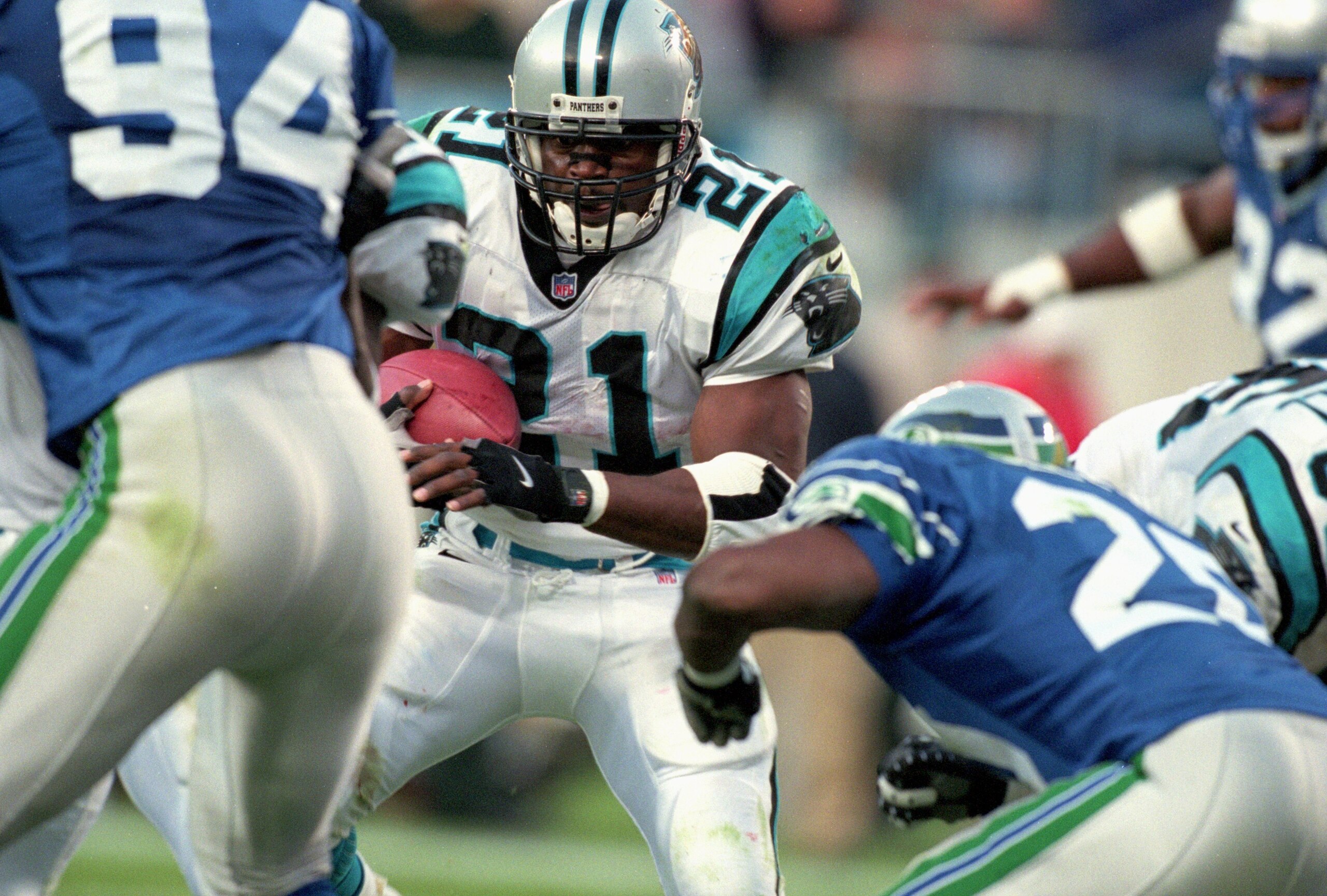 8 Oct 2000:  Tshimanga Biakabutuka #21 of the Carolina Panthers carries the ball during a game against the Seattle Seahawks at the Ericsson Stadium in Charlotte, North Carolina. The Panthers defeated the Seahawks 23-3.Mandatory Credit: Scott Halleran  /Al