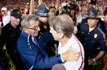 TUSCALOOSA, AL - SEPTEMBER 11:  Head coach Joe Paterno of the Penn State Nittany Lions congratulates head coach Nick Saban of the Alabama Crimson Tide during after their 24-3 loss at Bryant-Denny Stadium on September 11, 2010 in Tuscaloosa, Alabama.  (Pho