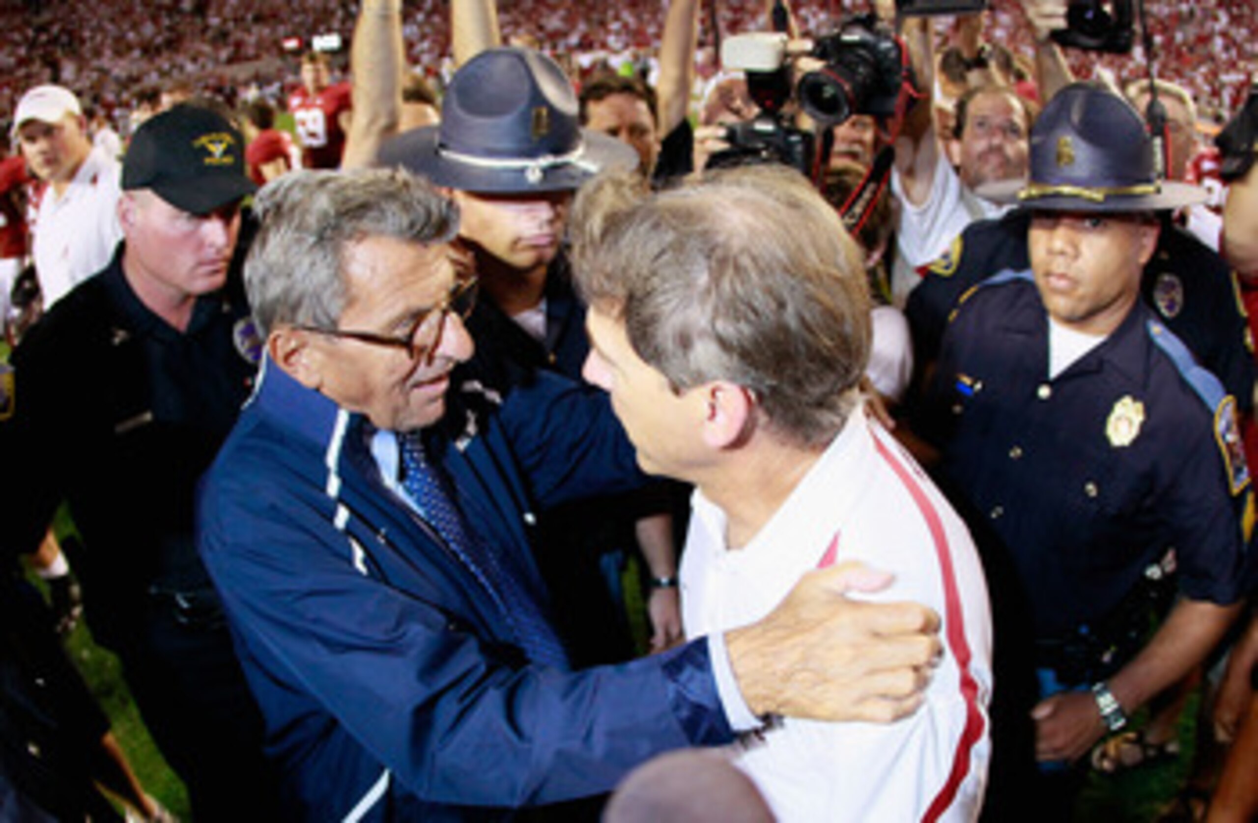 TUSCALOOSA, AL - SEPTEMBER 11:  Head coach Joe Paterno of the Penn State Nittany Lions congratulates head coach Nick Saban of the Alabama Crimson Tide during after their 24-3 loss at Bryant-Denny Stadium on September 11, 2010 in Tuscaloosa, Alabama.  (Pho