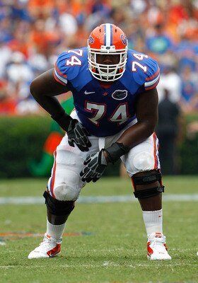 GAINESVILLE, FL - SEPTEMBER 04:  Guard Maurice Hurt #74 of the Florida Gators prepares for action against the Miami University RedHawks at Ben Hill Griffin Stadium on September 4, 2010 in Gainesville, Florida.  (Photo by Sam Greenwood/Getty Images)
