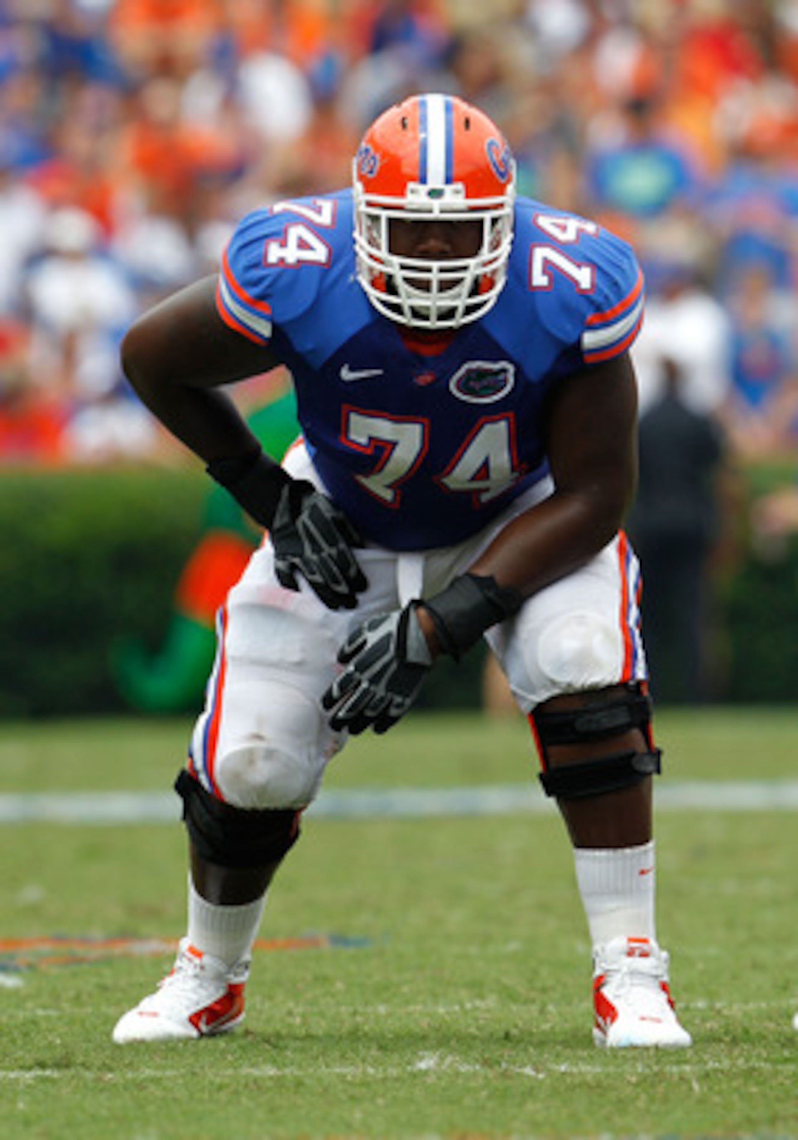 GAINESVILLE, FL - SEPTEMBER 04:  Guard Maurice Hurt #74 of the Florida Gators prepares for action against the Miami University RedHawks at Ben Hill Griffin Stadium on September 4, 2010 in Gainesville, Florida.  (Photo by Sam Greenwood/Getty Images)