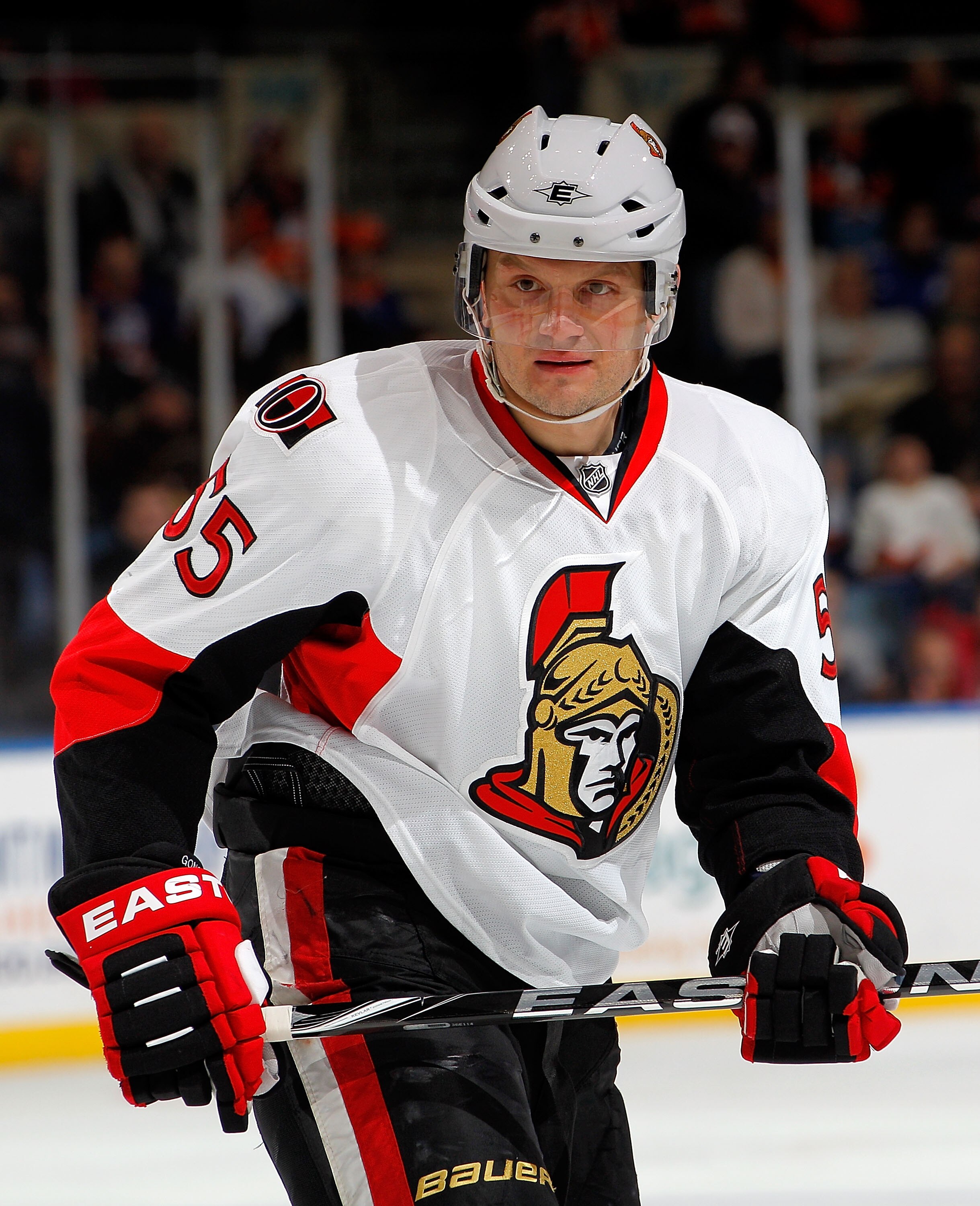 UNIONDALE, NY - FEBRUARY 05:  Sergei Gonchar #55 of the Ottawa Senators waits for a faceoff during an NHL hockey game against the New York Islanders at Nassau Coliseum on February 5, 2011 in Uniondale, New York.  (Photo by Paul Bereswill/Getty Images)