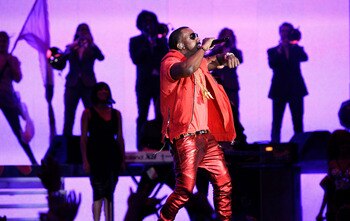 LOS ANGELES, CA - FEBRUARY 20:  Rapper Kanye West performs during the 2011 NBA All-Star game halftime show at Staples Center on February 20, 2011 in Los Angeles, California. NOTE TO USER: User expressly acknowledges and agrees that, by downloading and or