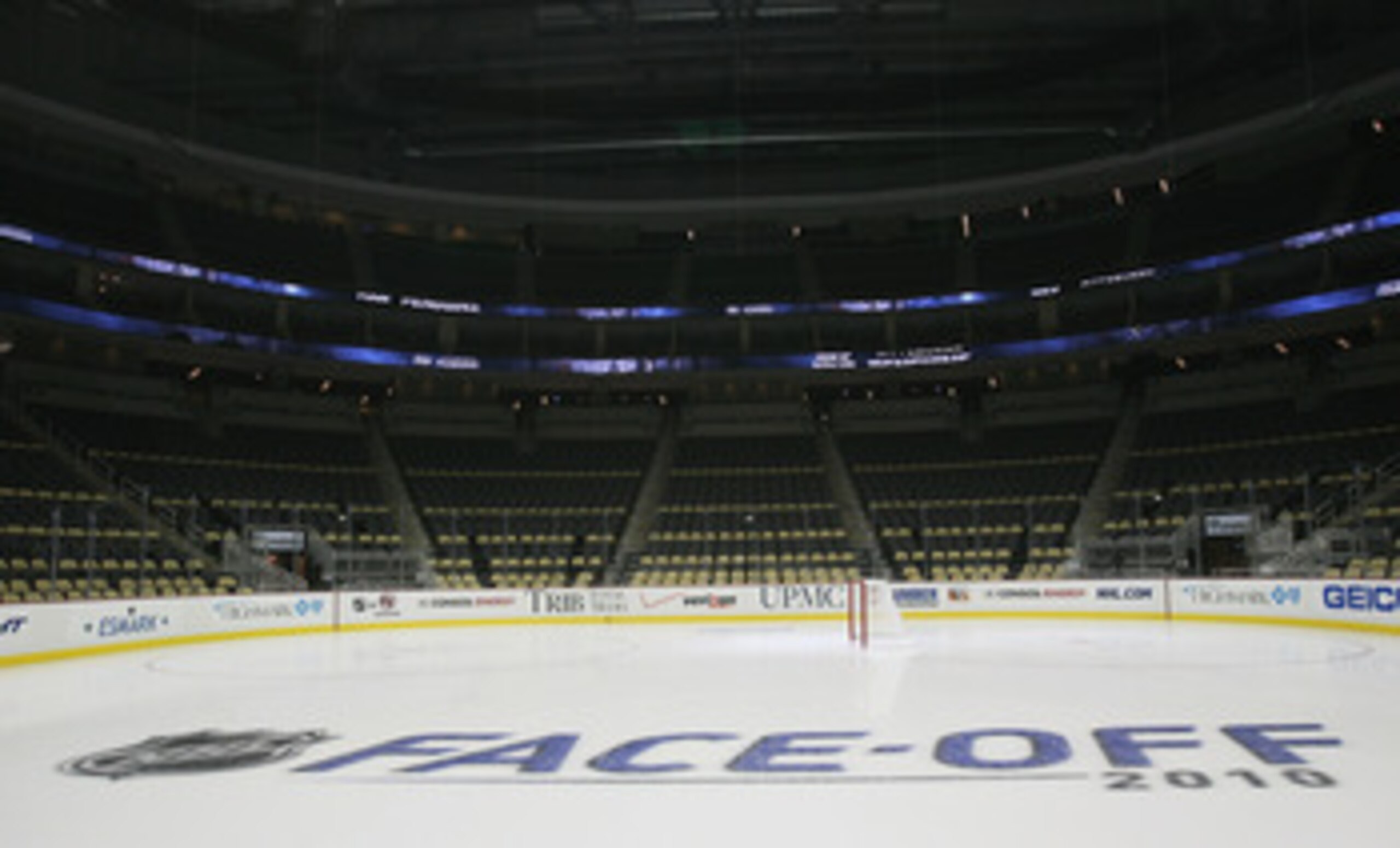 PITTSBURGH - OCTOBER 07:  New logos are etched into the ice prior to the game between the Pittsburgh Penguins and the Philadelphia Flyers at the Consol Energy Center on October 7, 2010 in Pittsburgh, Pennsylvania.  (Photo by Bruce Bennett/Getty Images)