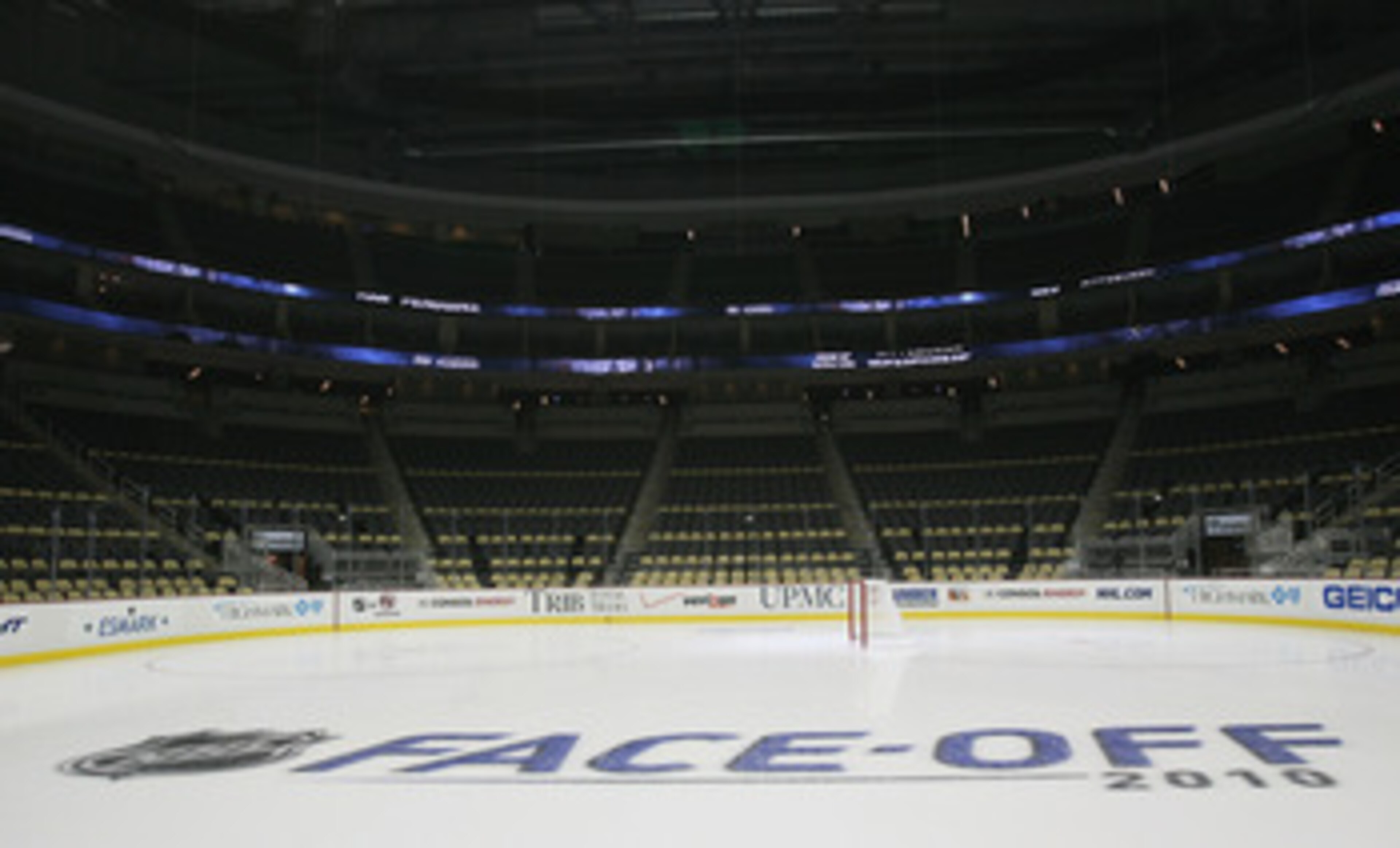 PITTSBURGH - OCTOBER 07:  New logos are etched into the ice prior to the game between the Pittsburgh Penguins and the Philadelphia Flyers at the Consol Energy Center on October 7, 2010 in Pittsburgh, Pennsylvania.  (Photo by Bruce Bennett/Getty Images)