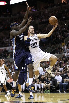 SAN ANTONIO, TX - APRIL 27:  Manu Ginobili #20 of the San Antionio Spurs shoots over Zach Randolph #50 of the Memphis Grizzlies in Game Five of the Western Conference Quarterfinals in the 2011 NBA Playoffs on April 27, 2011 at AT&T Center in San Antonio, 