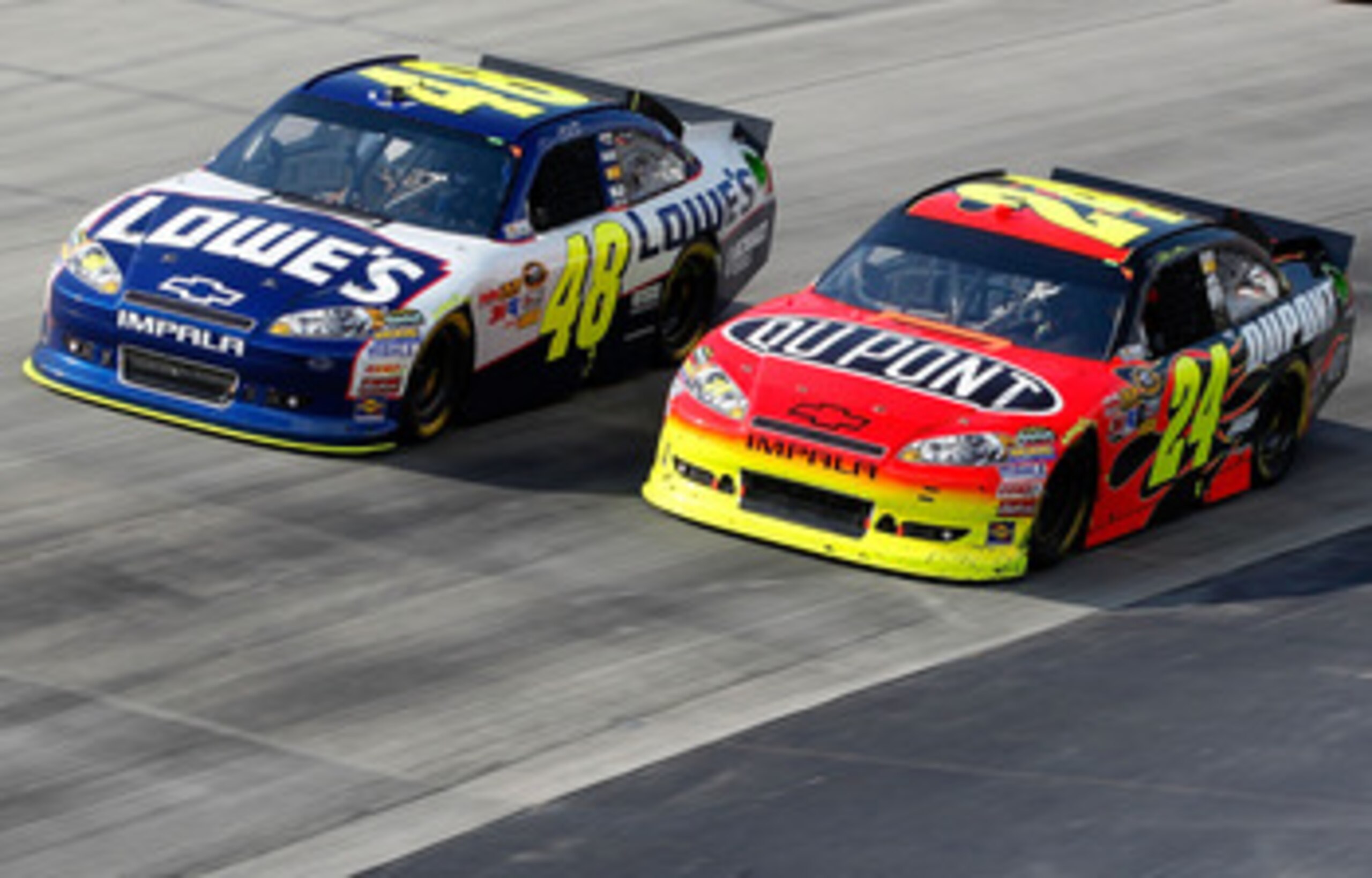 DOVER, DE - MAY 15: Jimmie Johnson, driver of the #48 Lowe's Chevrolet, races Jeff Gordon, driver of the #24 Dupont Chevrolet, during the NASCAR Sprint Cup Series FedEx 400 Benefiting Autism Speaks at Dover International Speedway on May 15, 2011 in Dover,