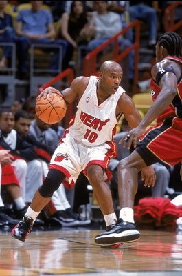 16 Jan 2001:   Tim Haradaway #10 of the Miami Heat dribbles the ball  during the game against the Detroit Pistons at the American Airlines Arena in Miami, Florida.  The Heat defeated the Pistons 93-85.   NOTE TO USER: It is expressly understood that the o