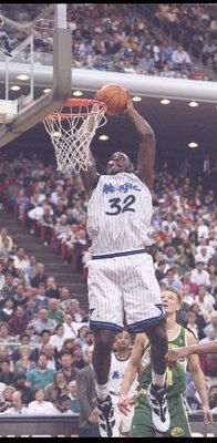 2 Feb 1995:  Center Shaquille O''Neal of the Orlando Magic goes up for two during a game against the Seattle SuperSonics at Orlando Arena in Orlando, Florida.  The SuperSonics won the game, 106-103. Mandatory Credit: Allsport  /Allsport