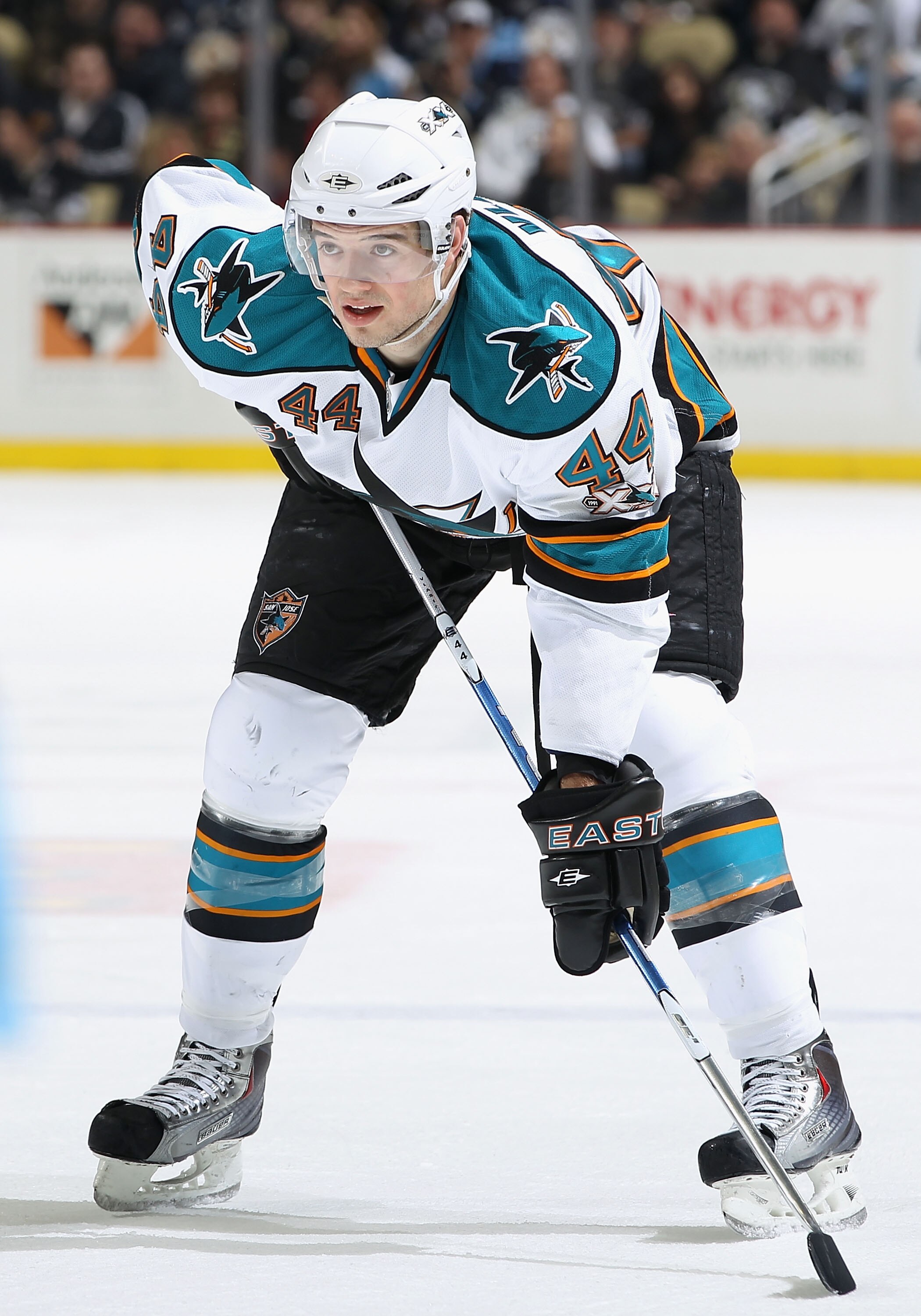 PITTSBURGH, PA - FEBRUARY 23:  Marc-Edouard Vlasic #44 of the San Jose Sharks during the NHL game against the Pittsburgh Penguins at Consol Energy Center on February 23, 2011 in Pittsburgh, Pennsylvania. The Sharks defeated the Penguins 3-2 in overtime.
