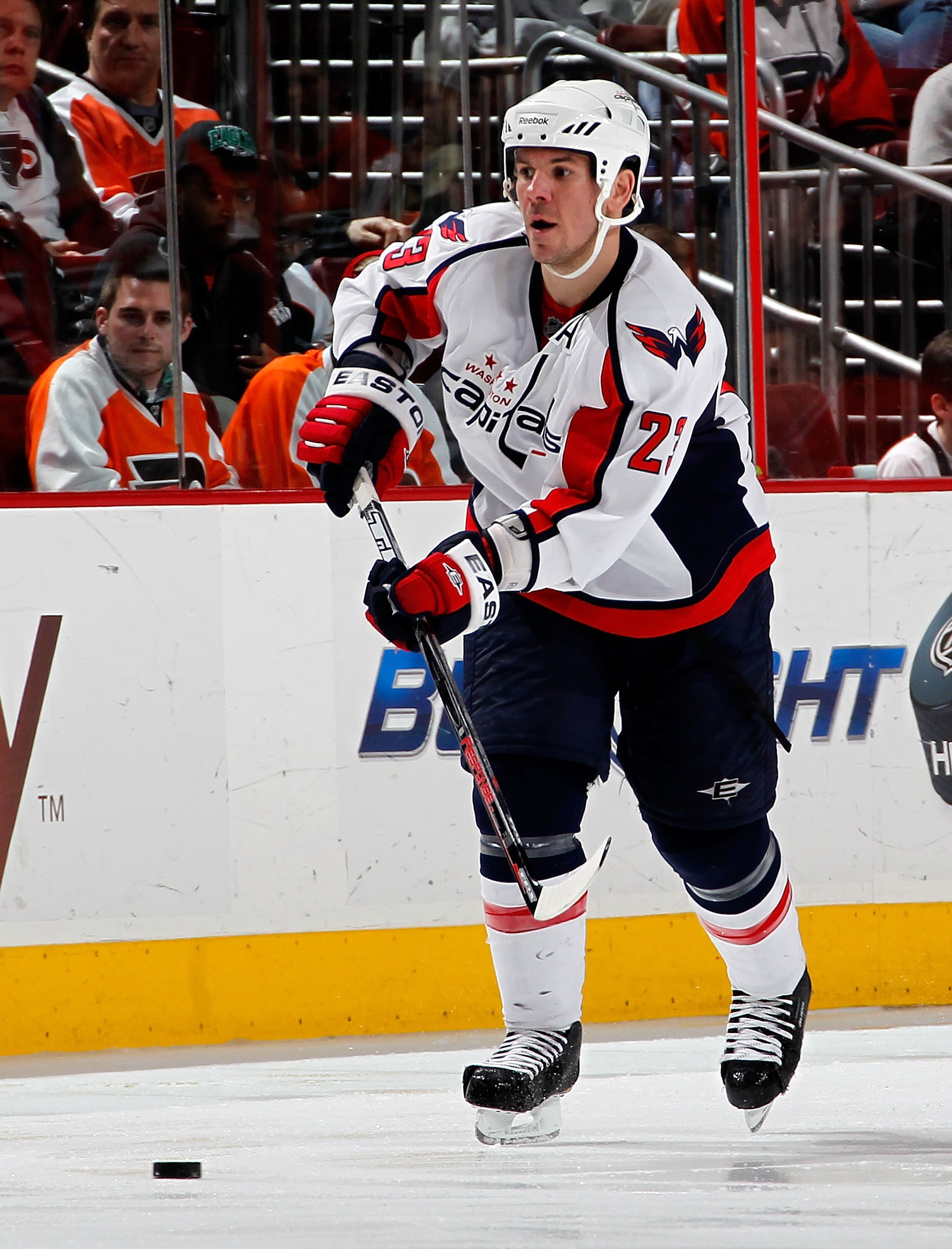 PHILADELPHIA, PA - MARCH 22:  Scott Hannan #23 of the Washington Capitals skates during an NHL hockey game against the Philadelphia Flyers at the Wells Fargo Center on March 22, 2011 in Philadelphia, Pennsylvania.  (Photo by Paul Bereswill/Getty Images)
