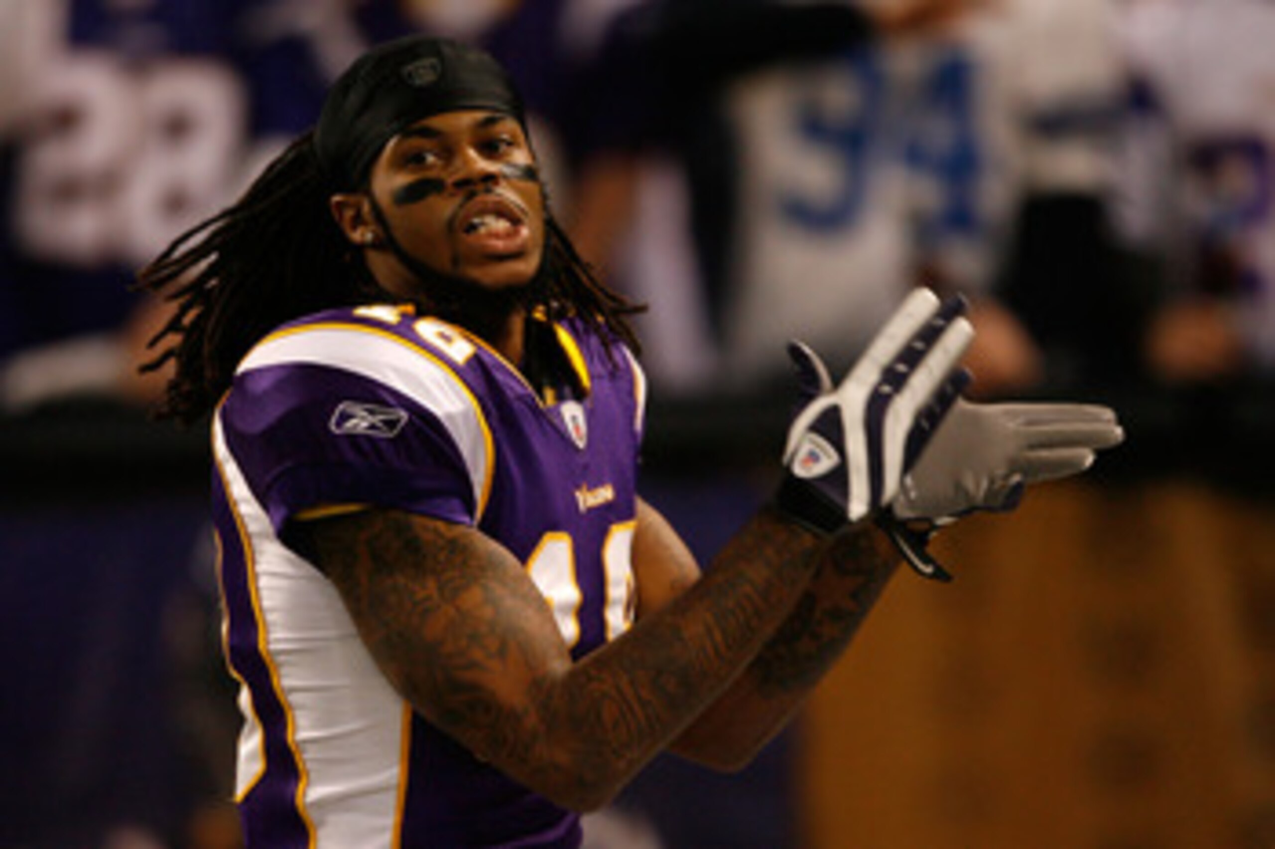 MINNEAPOLIS - JANUARY 17:  Wide receiver Sidney Rice #18 of the Minnesota Vikings celebrates while playing against the Dallas Cowboys during the first half of the NFC Divisional Playoff Game at Hubert H. Humphrey Metrodome on January 17, 2010 in Minneapol