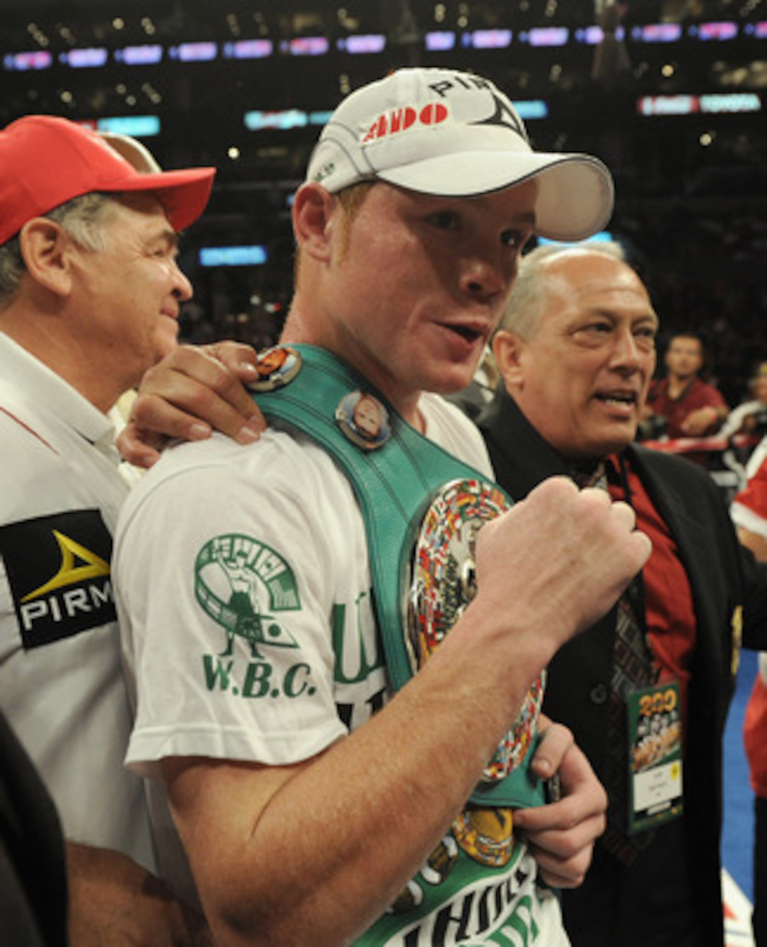 LOS ANGELES, CA - SEPTEMBER 18:  Saul Alvarez of Mexico celebrates his knockout of Carlos Baldomir of Argentina during the sixth round in the WBC Super Welterweight Silver Title fight at Staples Center on September 18, 2010 in Los Angeles, California.  (P