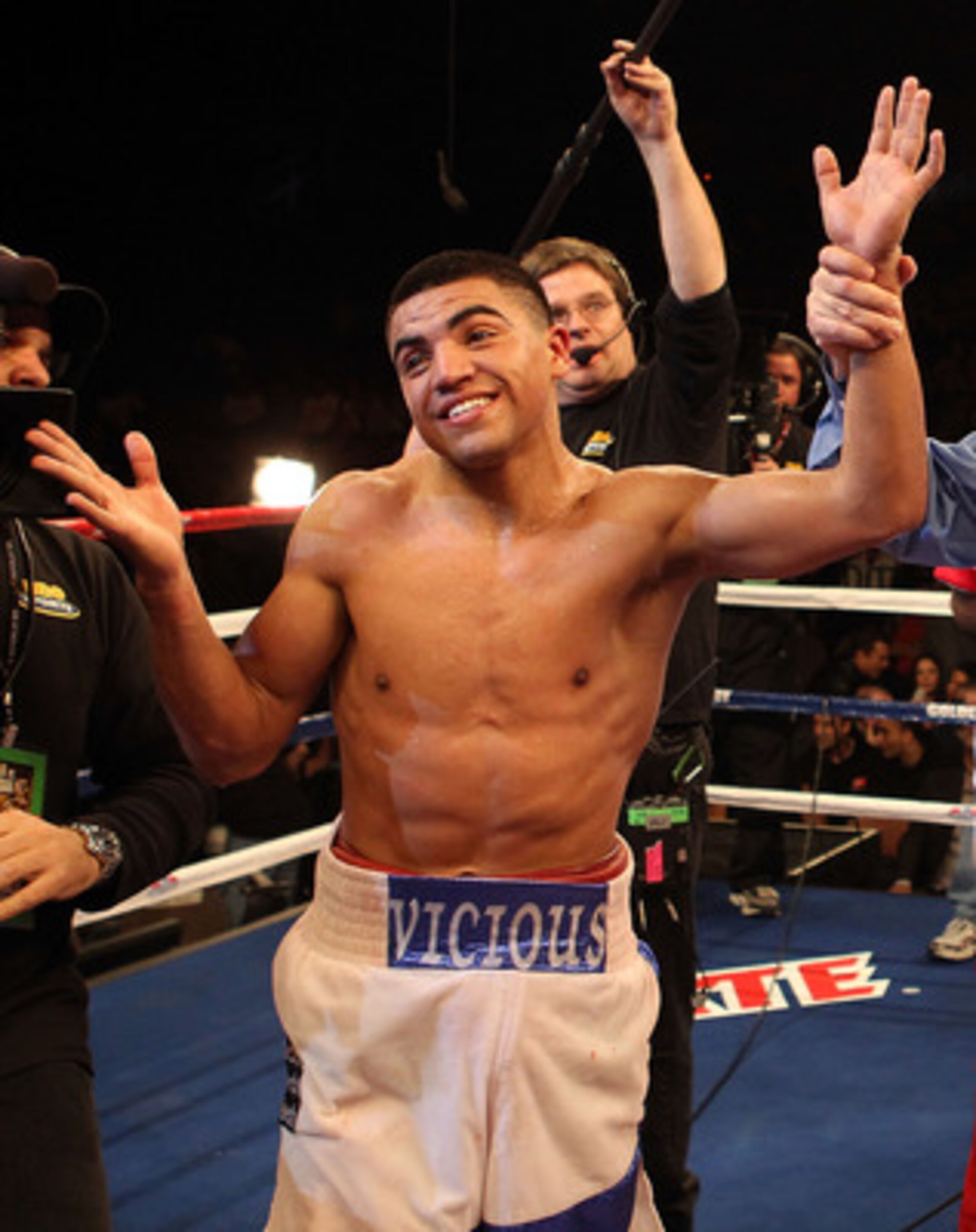 LAS VEGAS - DECEMBER 11:  Victor Ortiz reacts as his fight with Lamont Petersen is called a majority draw after the super lightweight fight at Mandalay Bay Events Center on December 11, 2010 in Las Vegas, Nevada.  (Photo by Scott Heavey/Getty Images)